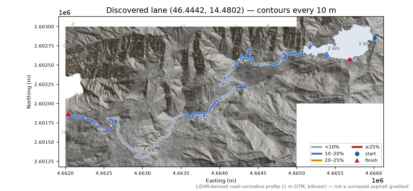 Discovered lane (46.4442, 14.4802) LiDAR hillshade map with contours