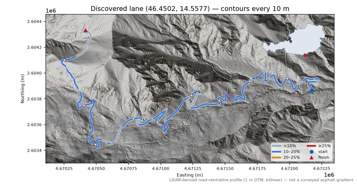 Discovered lane (46.4502, 14.5577) LiDAR hillshade map with contours