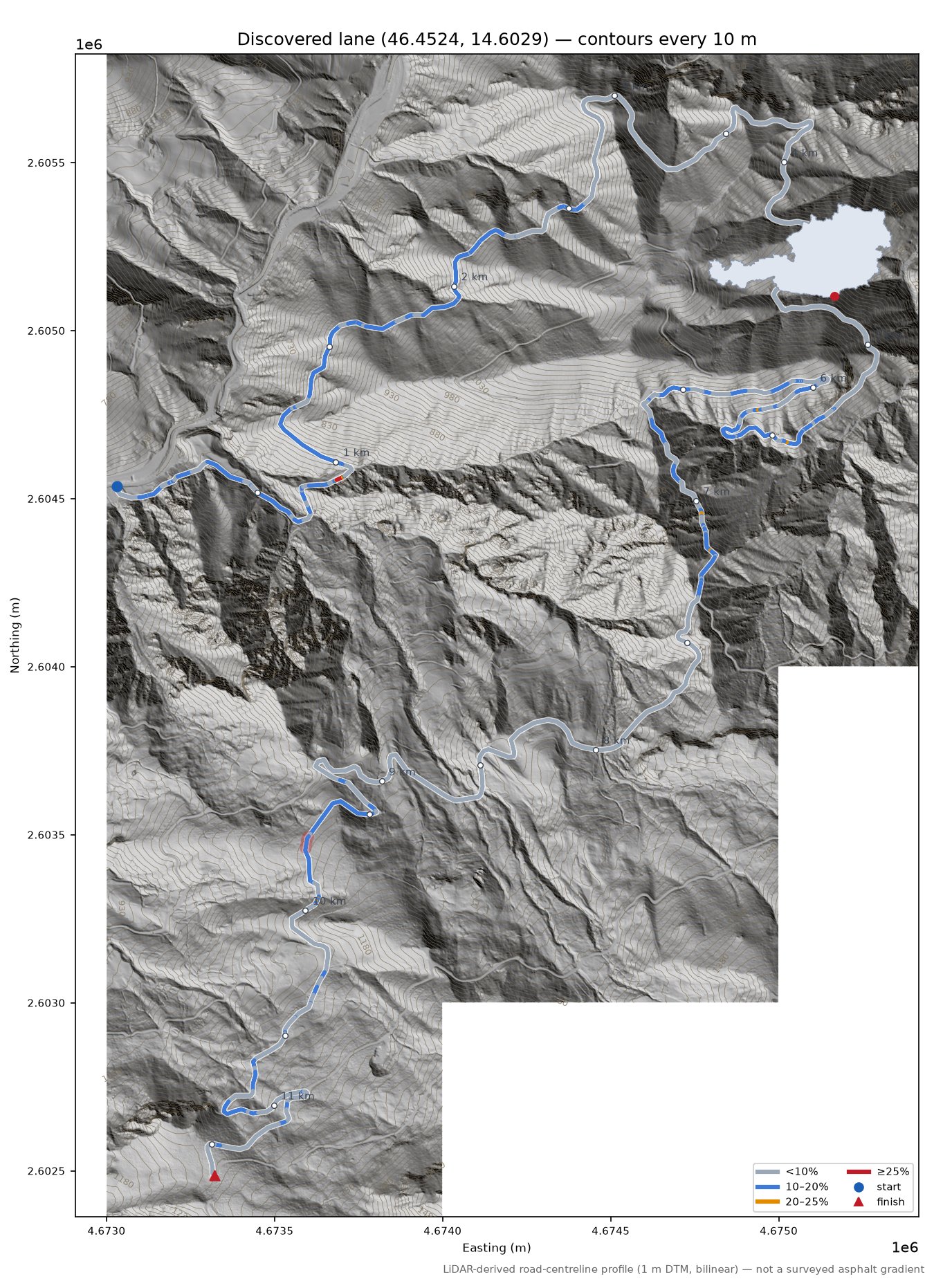 Discovered lane (46.4524, 14.6029) LiDAR hillshade map with contours