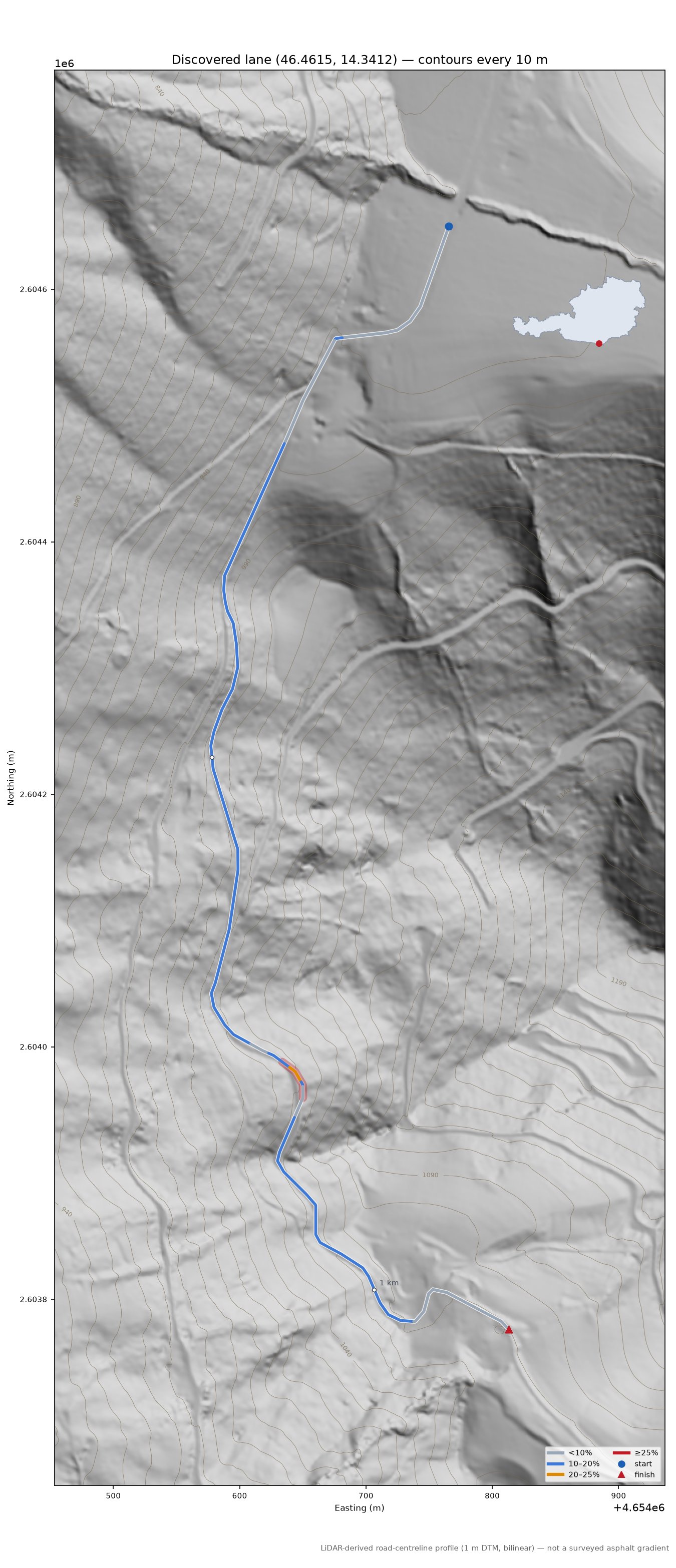 Discovered lane (46.4615, 14.3412) LiDAR hillshade map with contours