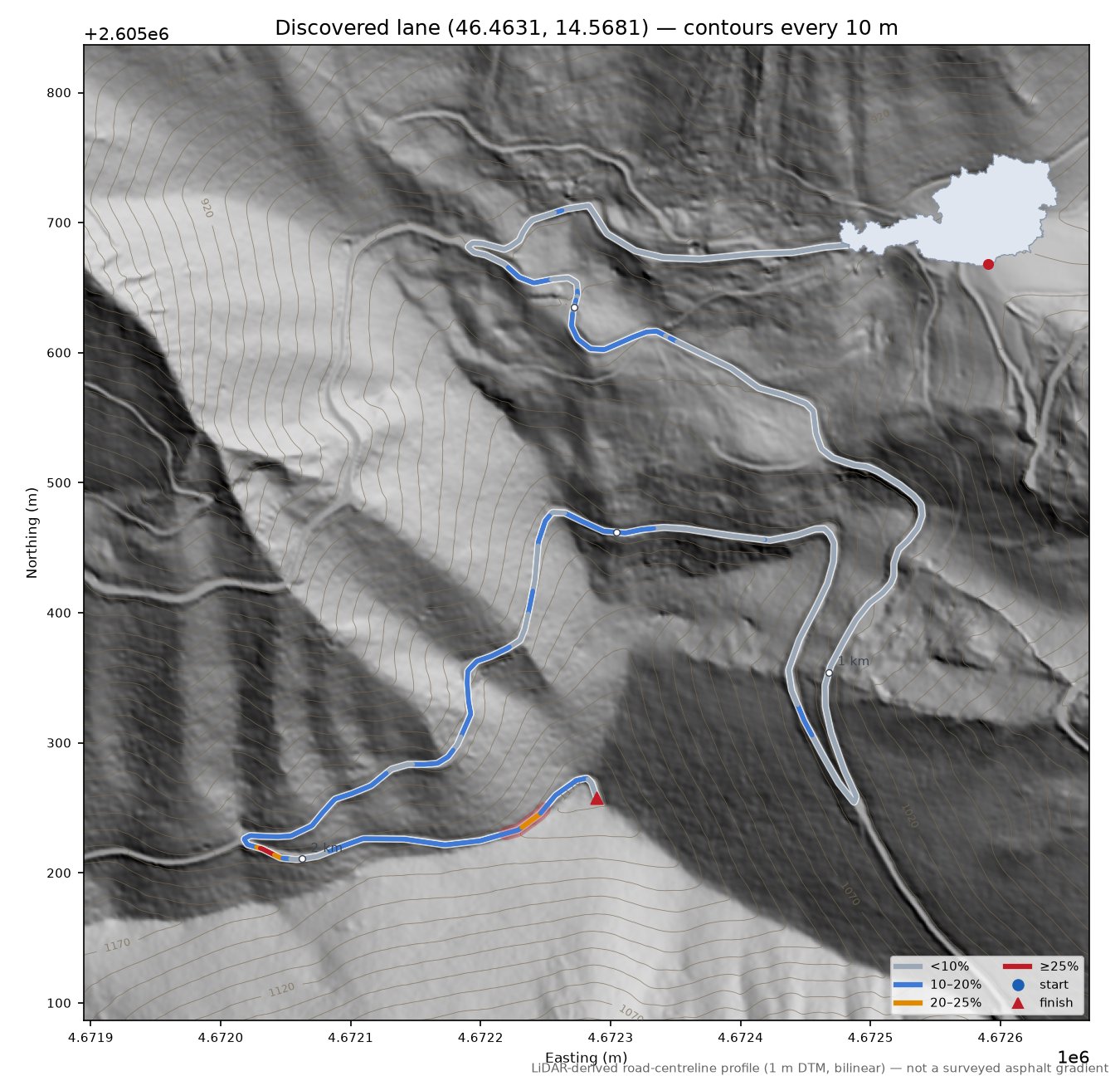 Discovered lane (46.4631, 14.5681) LiDAR hillshade map with contours