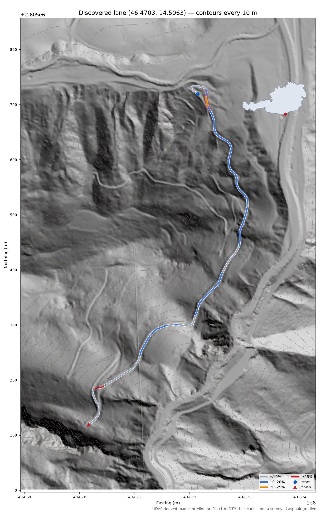 Discovered lane (46.4703, 14.5063) LiDAR hillshade map with contours