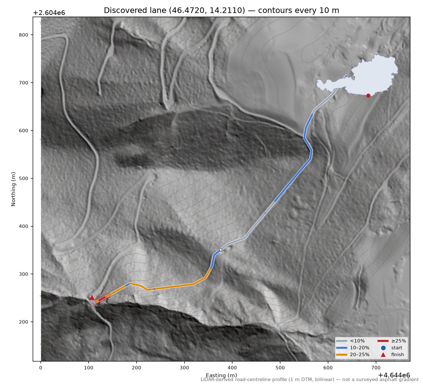 Discovered lane (46.4720, 14.2110) LiDAR hillshade map with contours