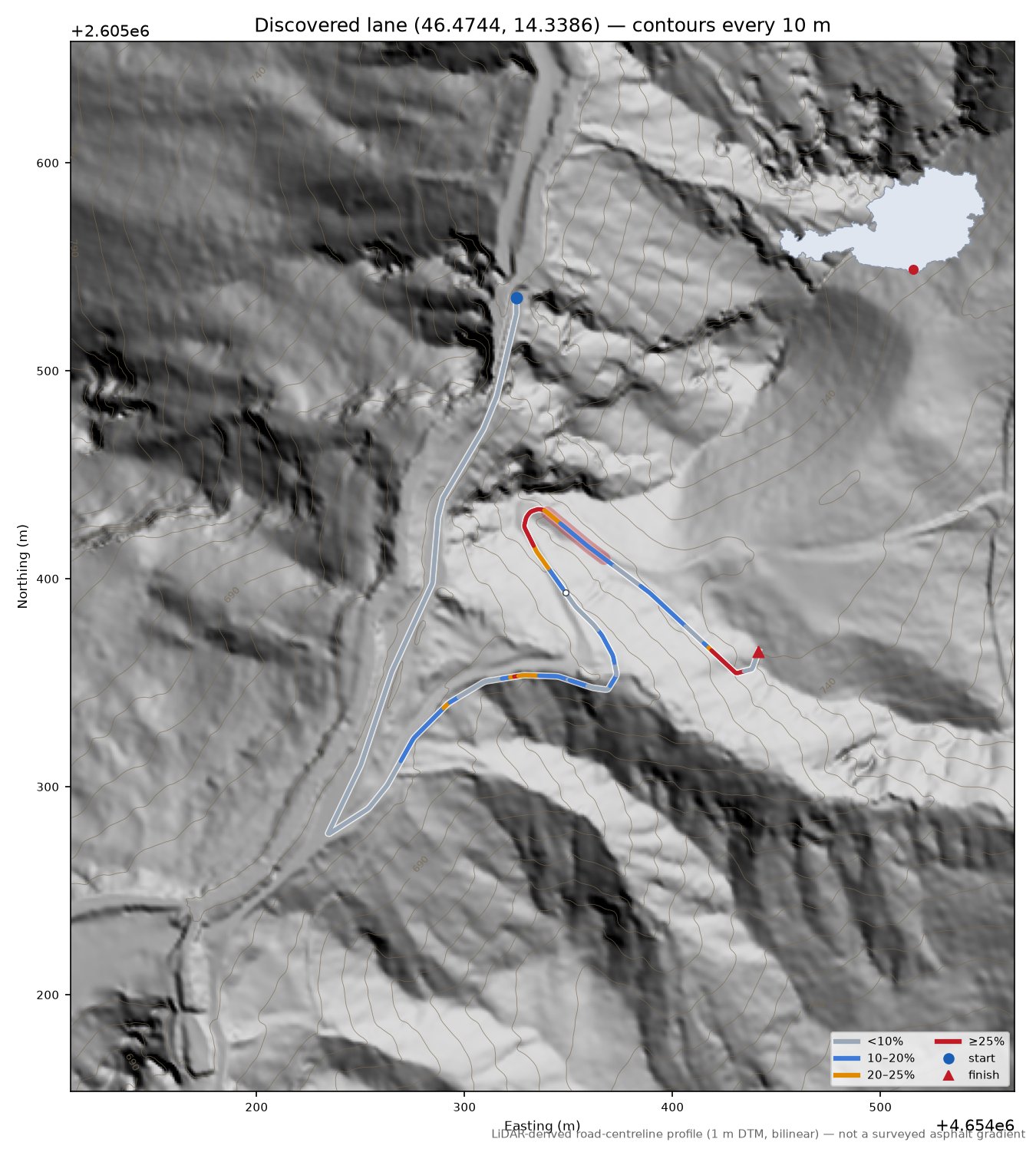 Discovered lane (46.4744, 14.3386) LiDAR hillshade map with contours