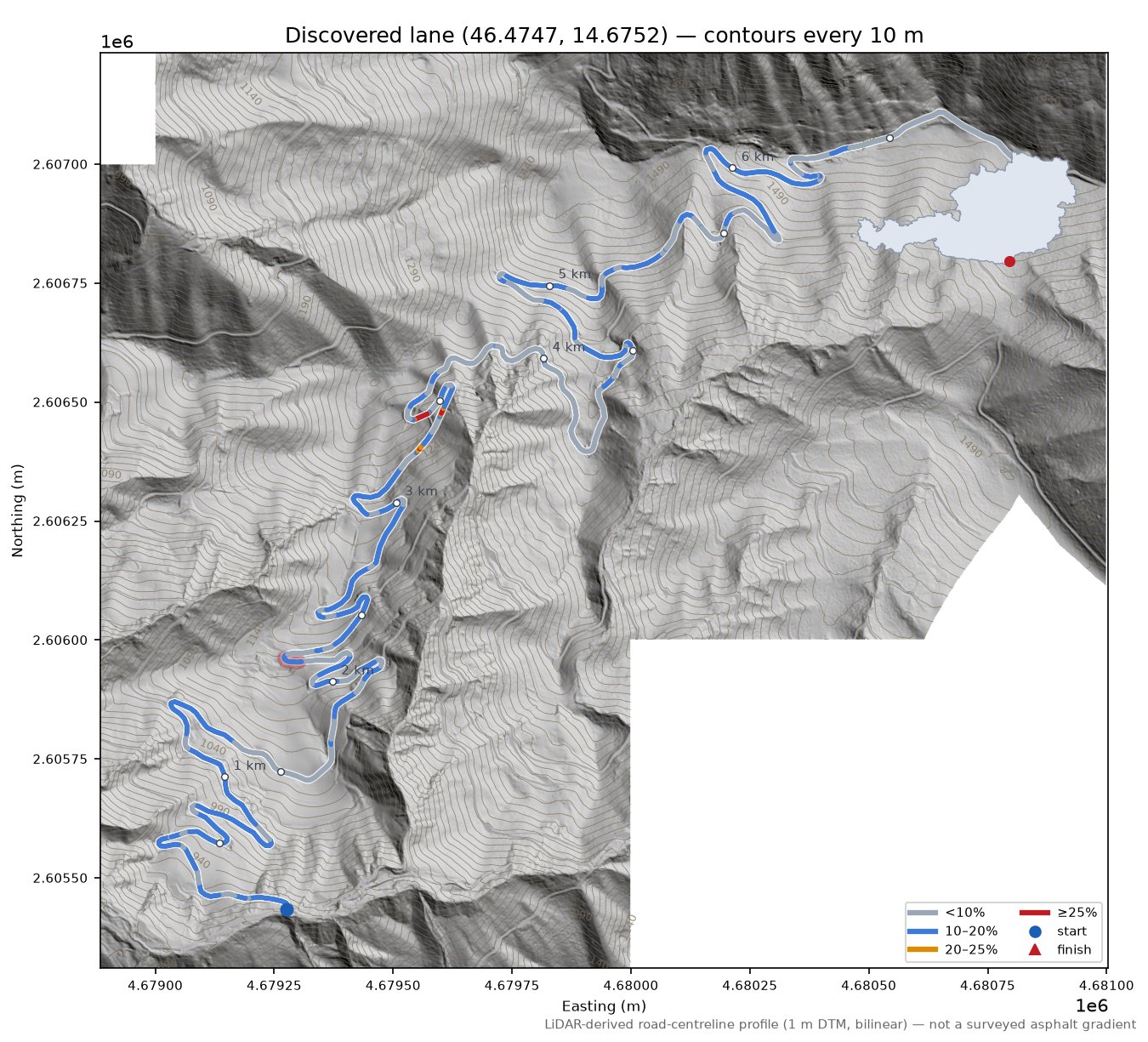 Discovered lane (46.4747, 14.6752) LiDAR hillshade map with contours
