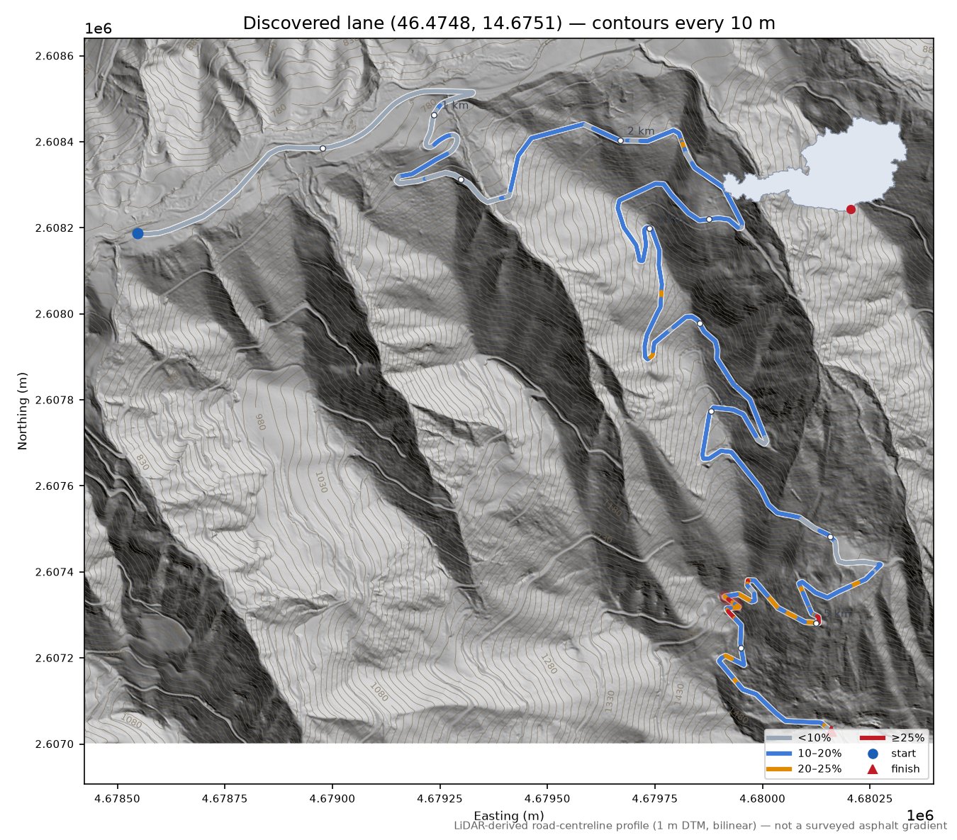 Discovered lane (46.4748, 14.6751) LiDAR hillshade map with contours