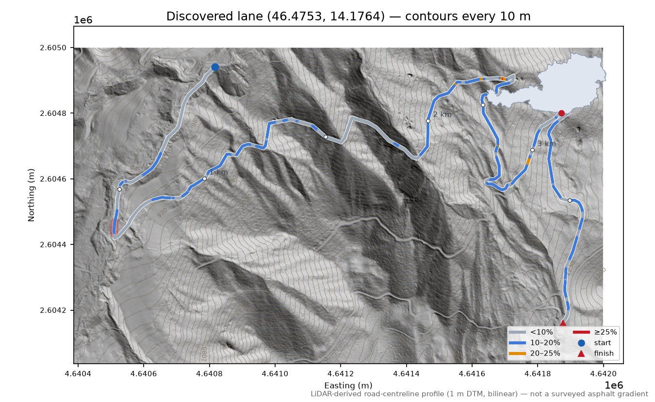 Discovered lane (46.4753, 14.1764) LiDAR hillshade map with contours