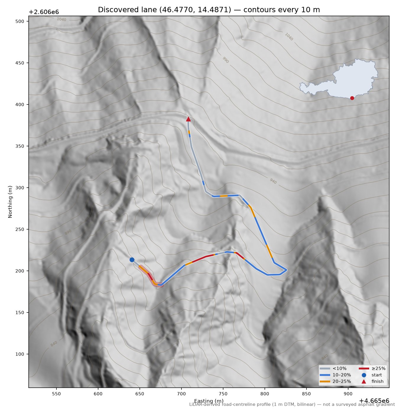 Discovered lane (46.4770, 14.4871) LiDAR hillshade map with contours