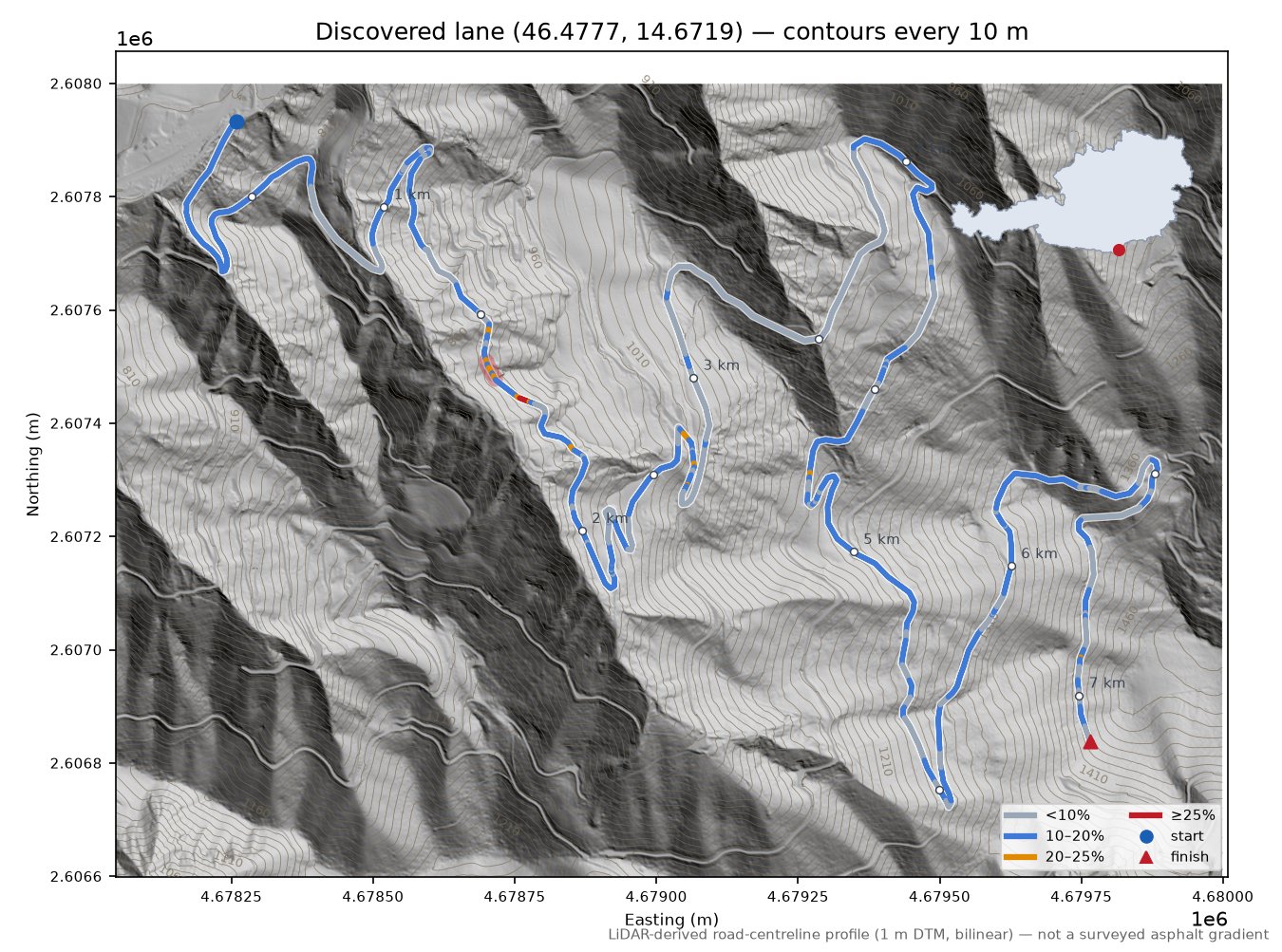 Discovered lane (46.4777, 14.6719) LiDAR hillshade map with contours