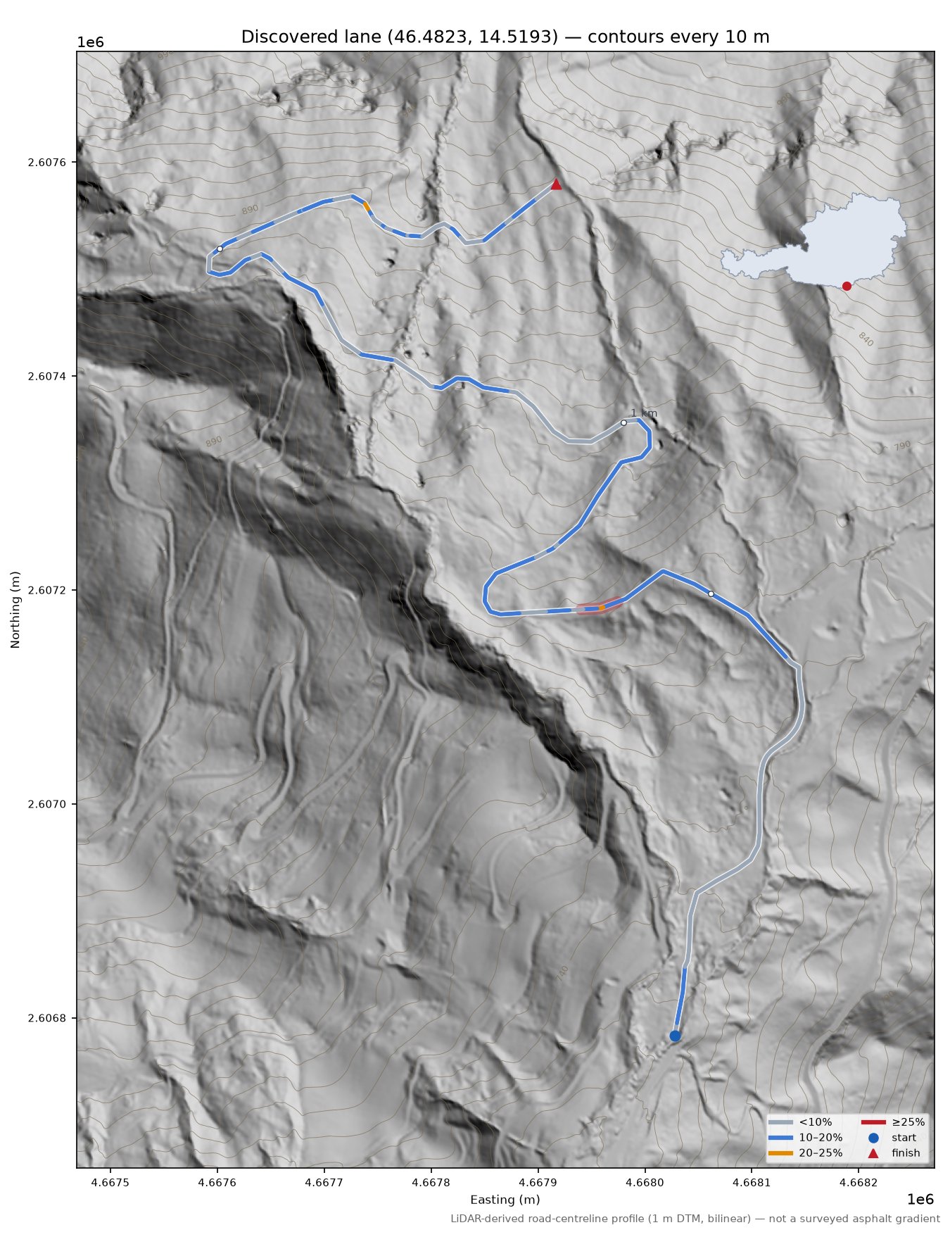 Discovered lane (46.4823, 14.5193) LiDAR hillshade map with contours