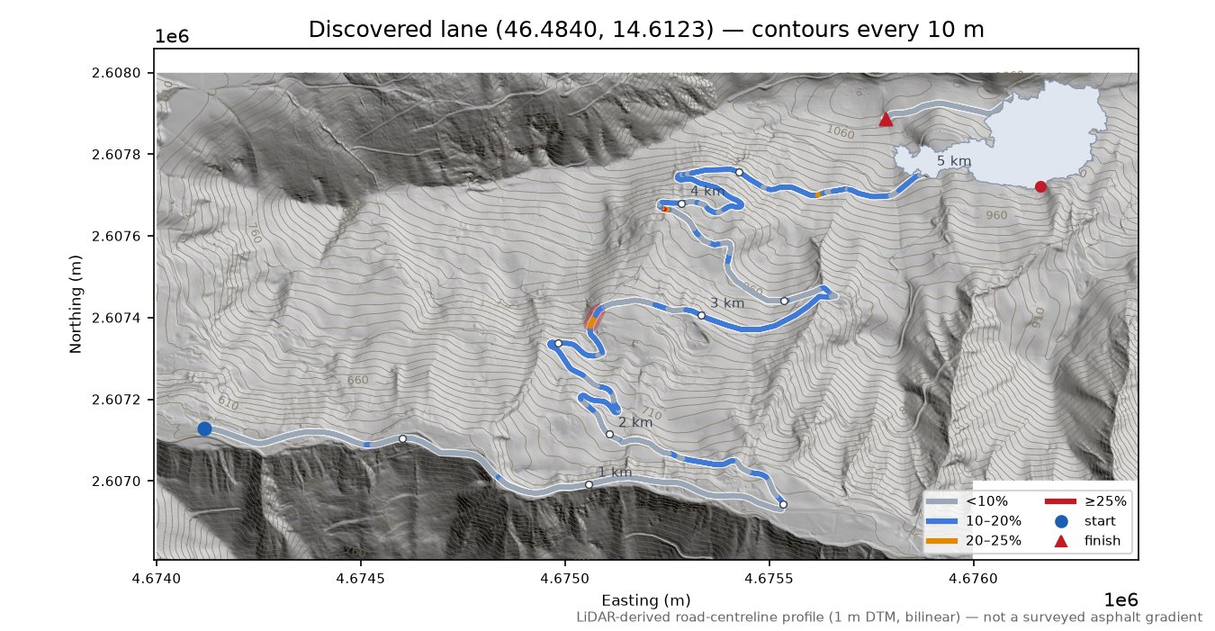 Discovered lane (46.4840, 14.6123) LiDAR hillshade map with contours
