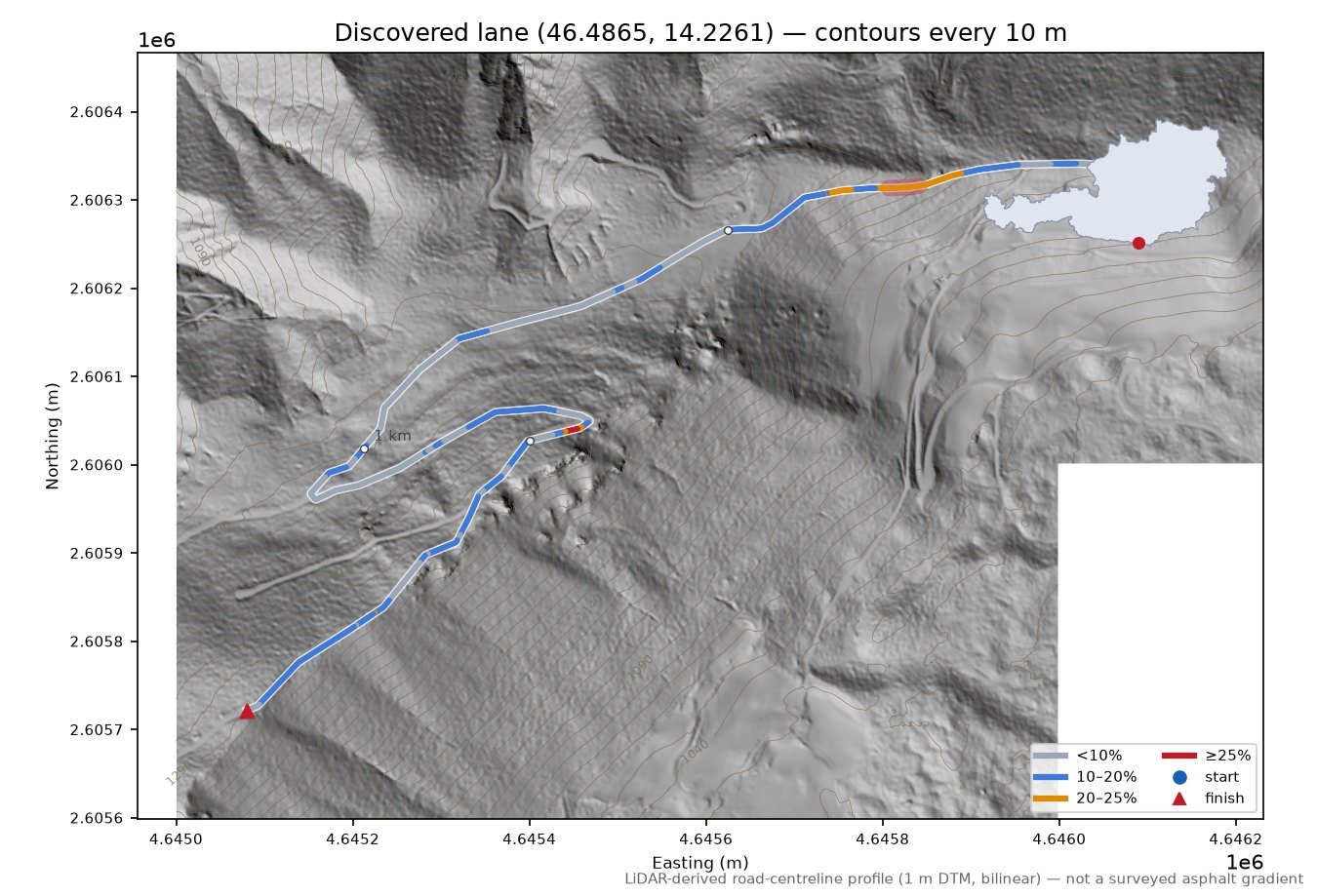 Discovered lane (46.4865, 14.2261) LiDAR hillshade map with contours