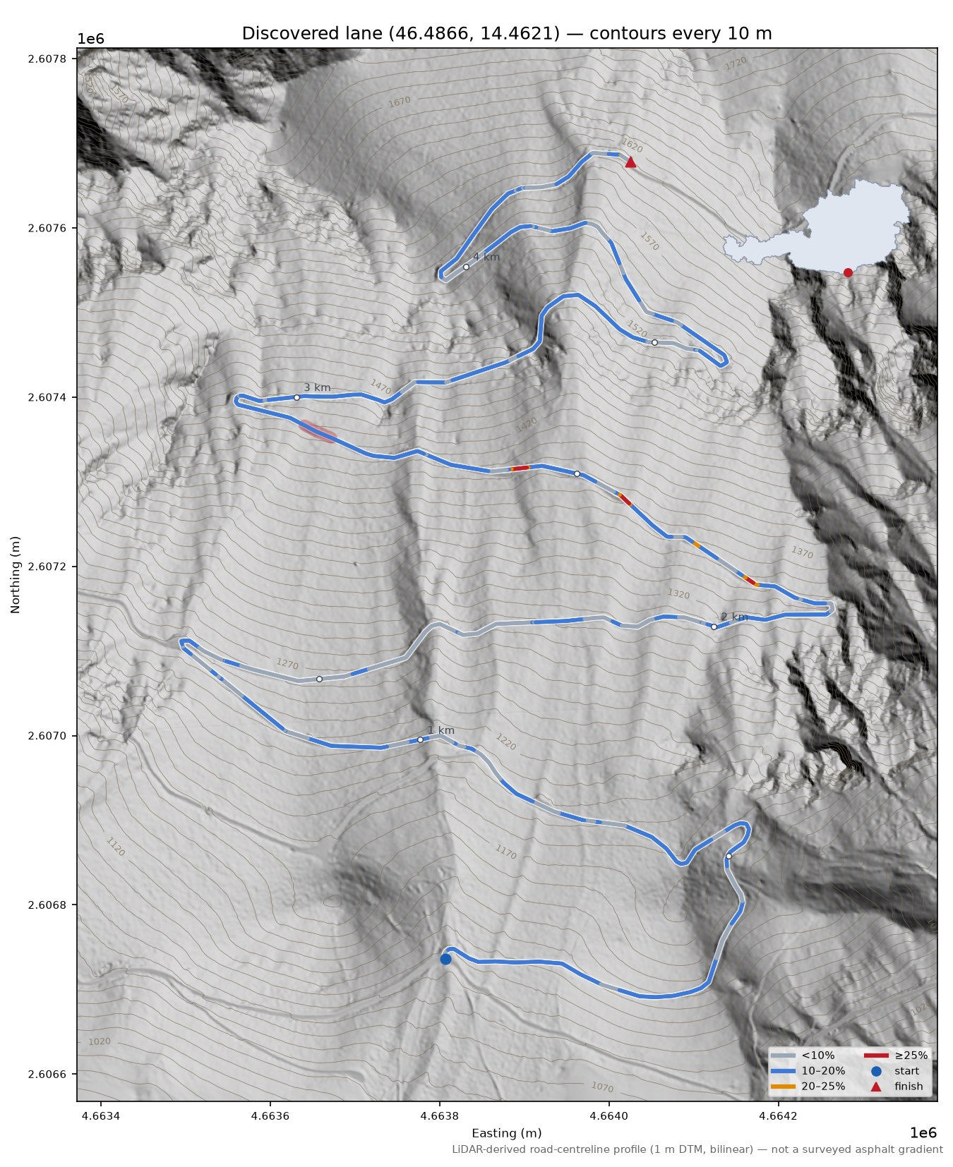 Discovered lane (46.4866, 14.4621) LiDAR hillshade map with contours