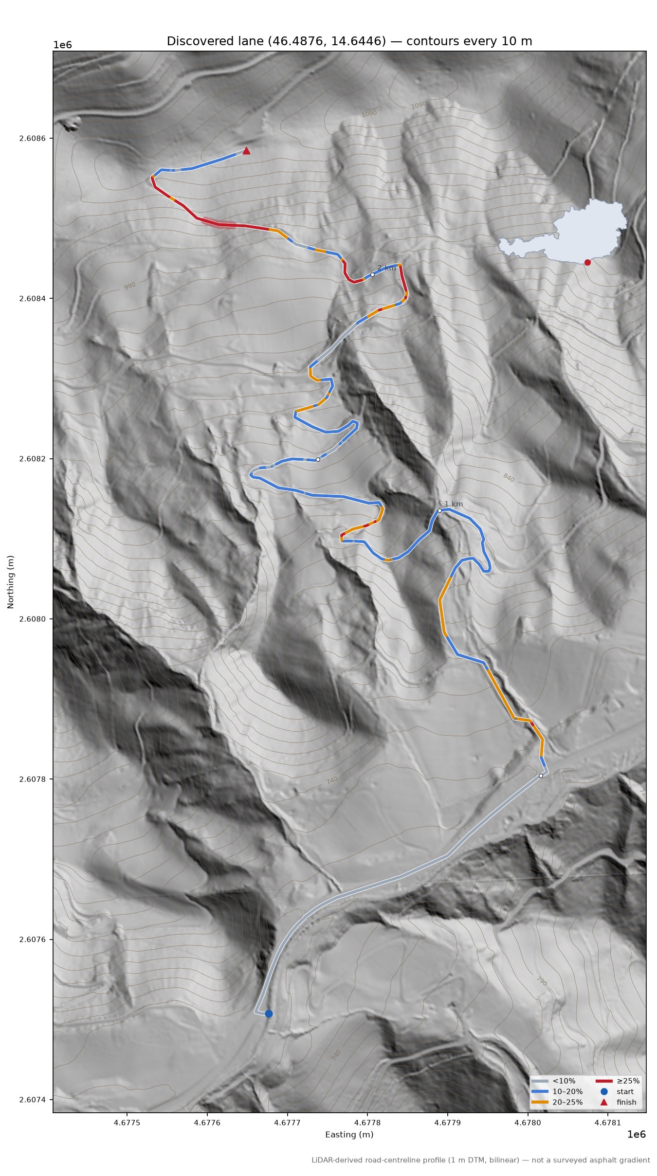 Discovered lane (46.4876, 14.6446) LiDAR hillshade map with contours