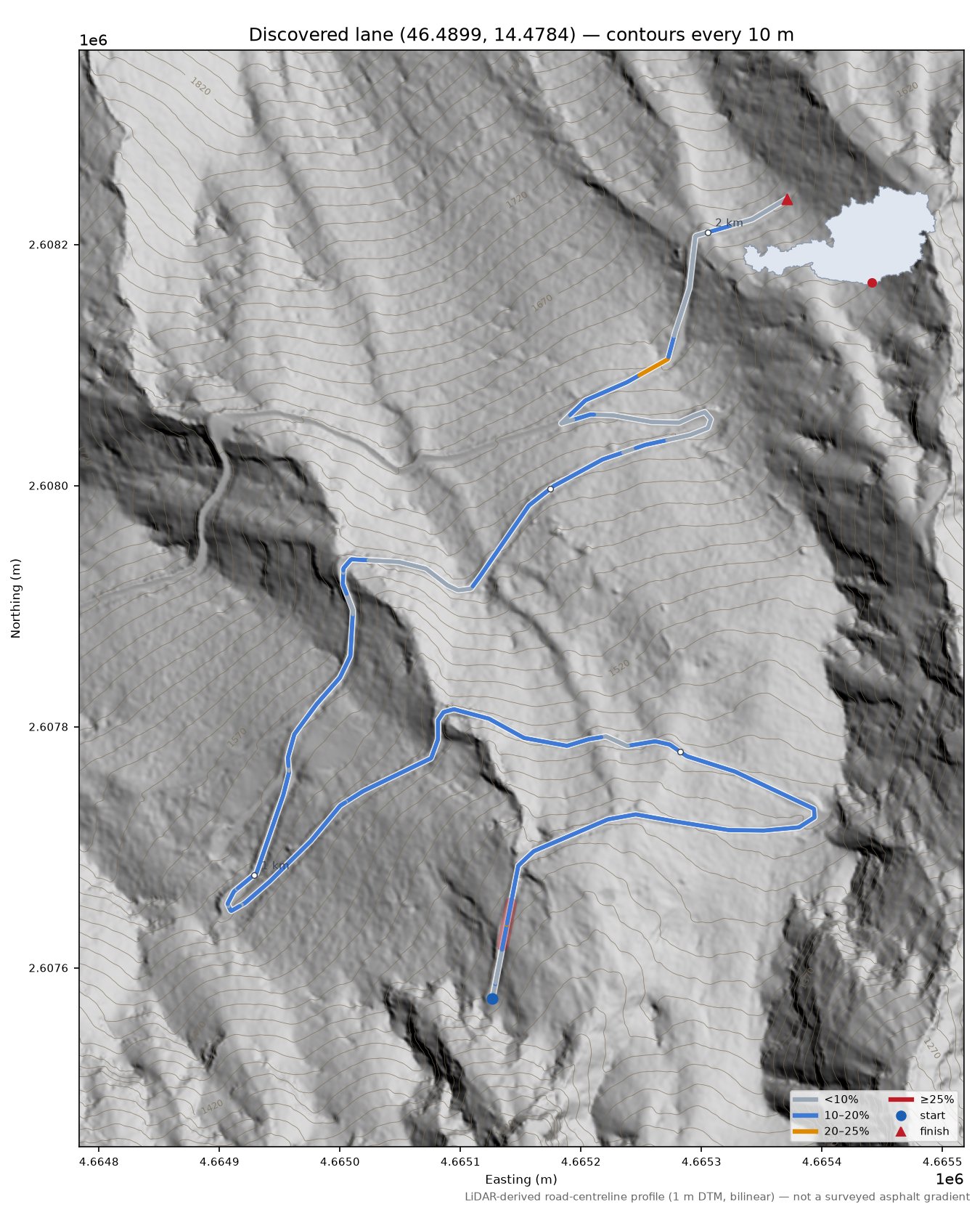 Discovered lane (46.4899, 14.4784) LiDAR hillshade map with contours