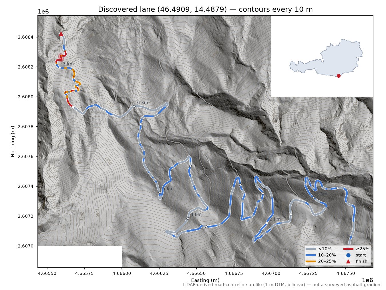 Discovered lane (46.4909, 14.4879) LiDAR hillshade map with contours