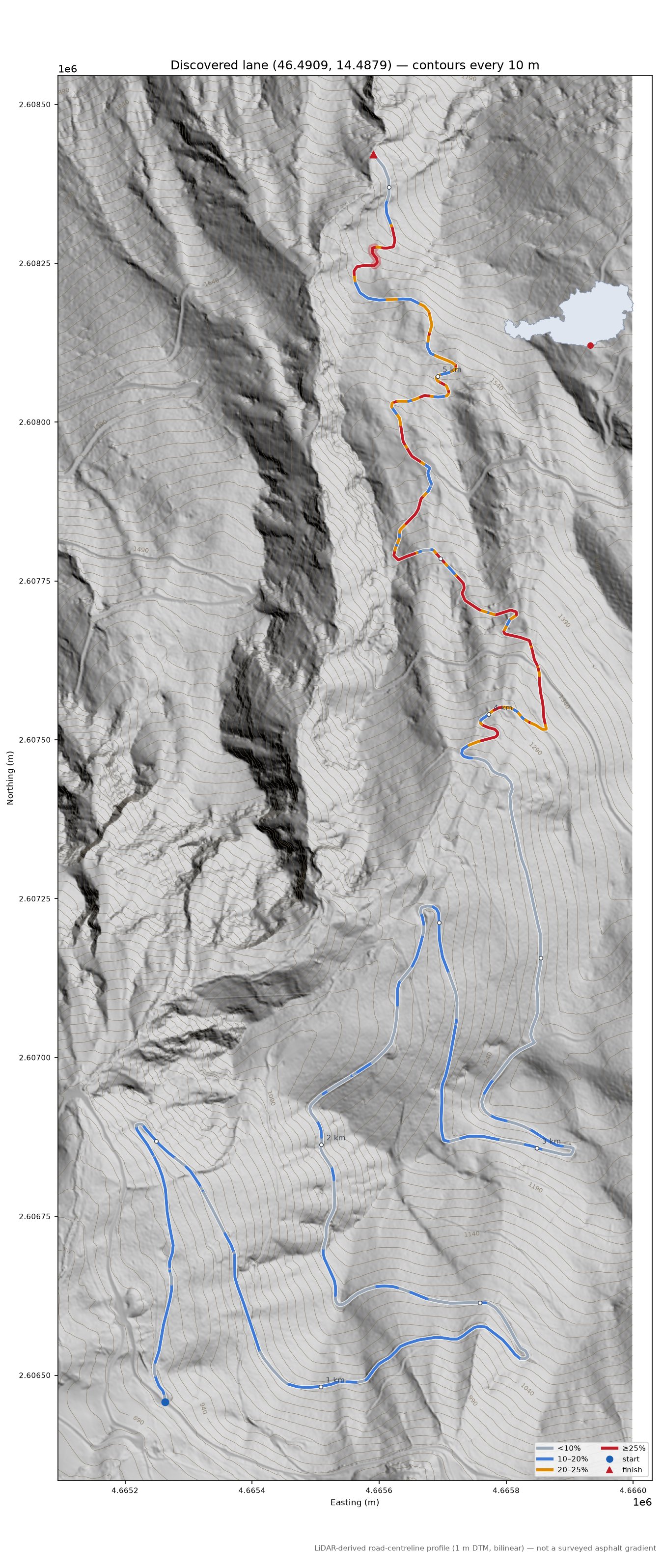 Discovered lane (46.4909, 14.4879) LiDAR hillshade map with contours