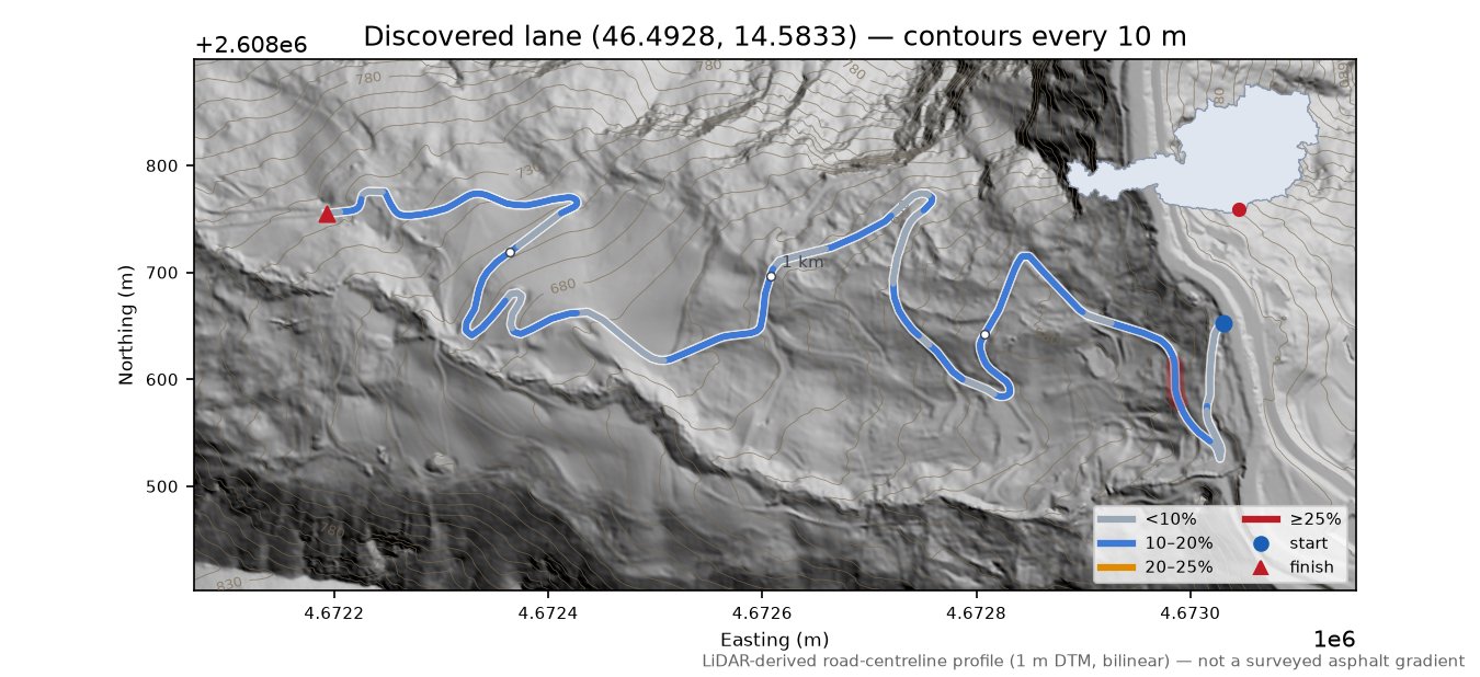 Discovered lane (46.4928, 14.5833) LiDAR hillshade map with contours