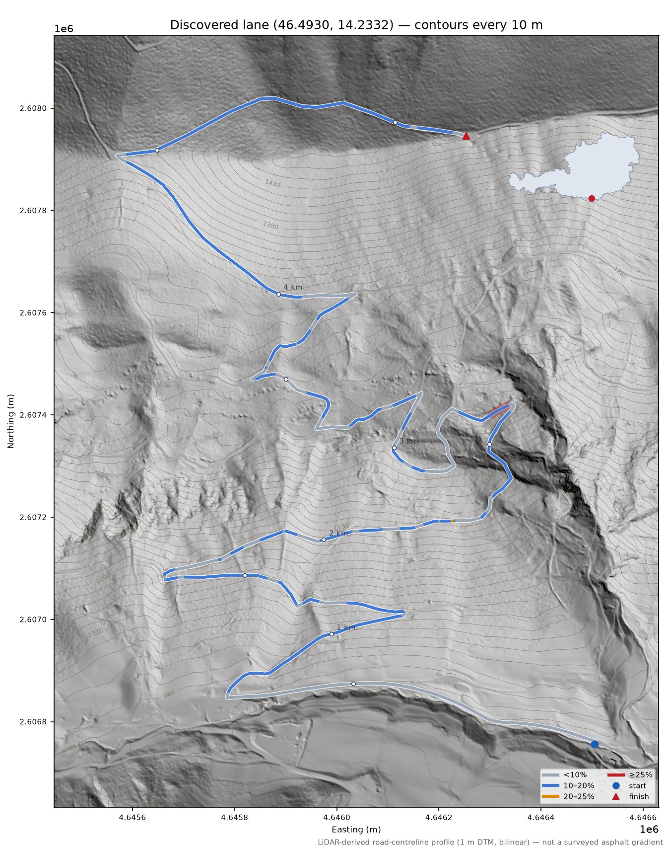Discovered lane (46.4930, 14.2332) LiDAR hillshade map with contours