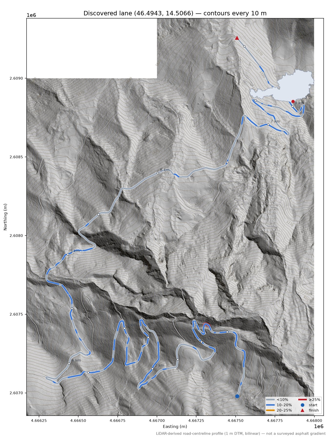 Discovered lane (46.4943, 14.5066) LiDAR hillshade map with contours