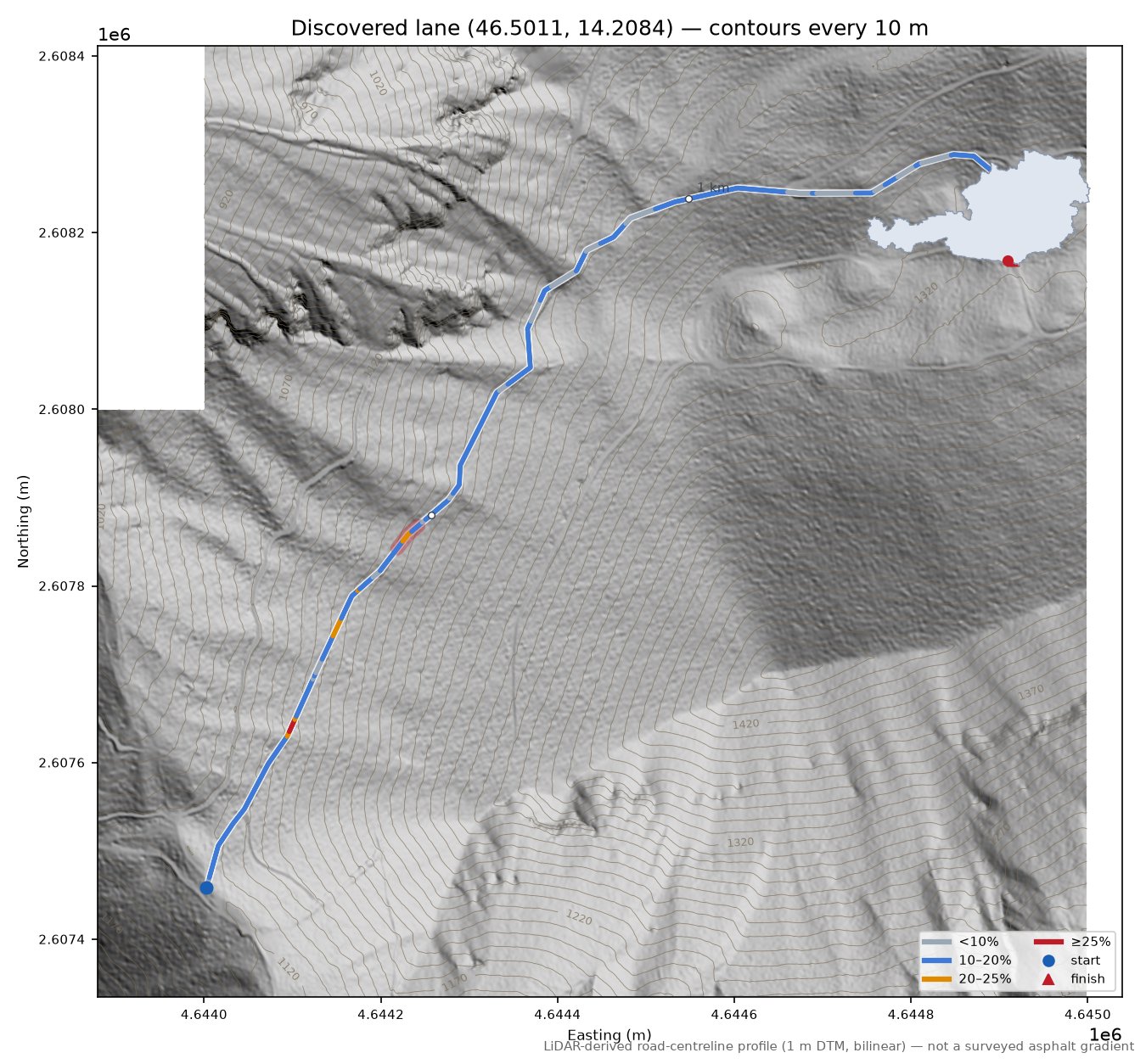 Discovered lane (46.5011, 14.2084) LiDAR hillshade map with contours