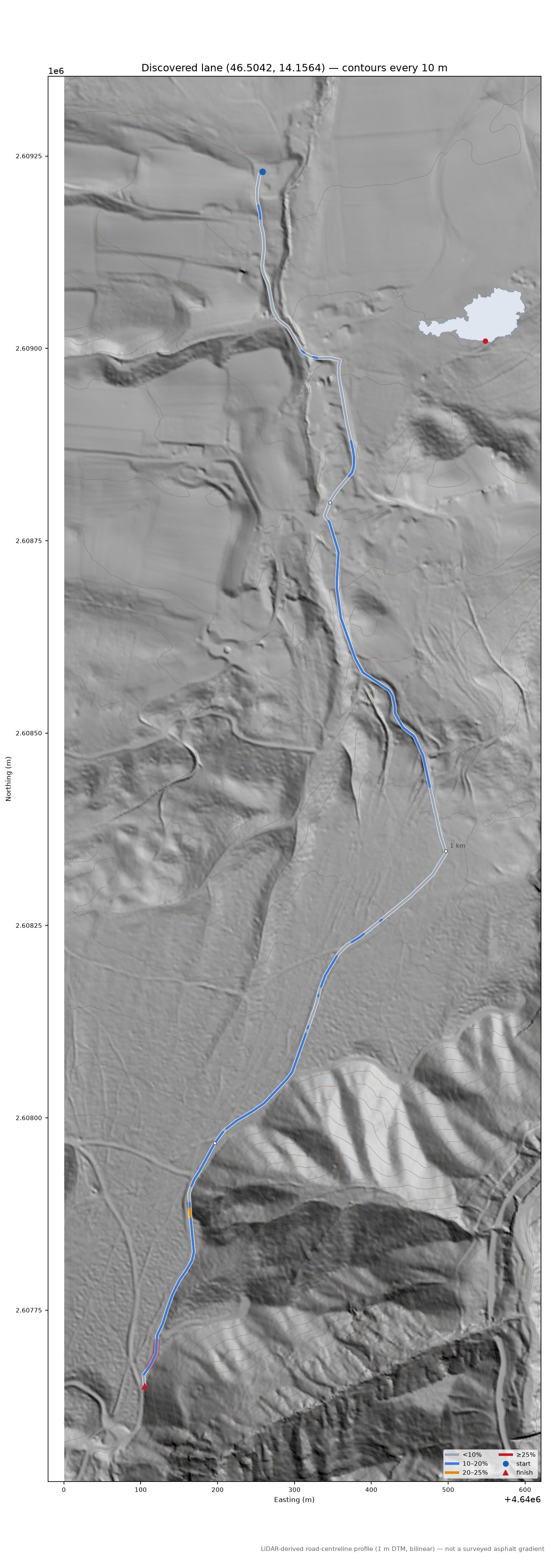 Discovered lane (46.5042, 14.1564) LiDAR hillshade map with contours