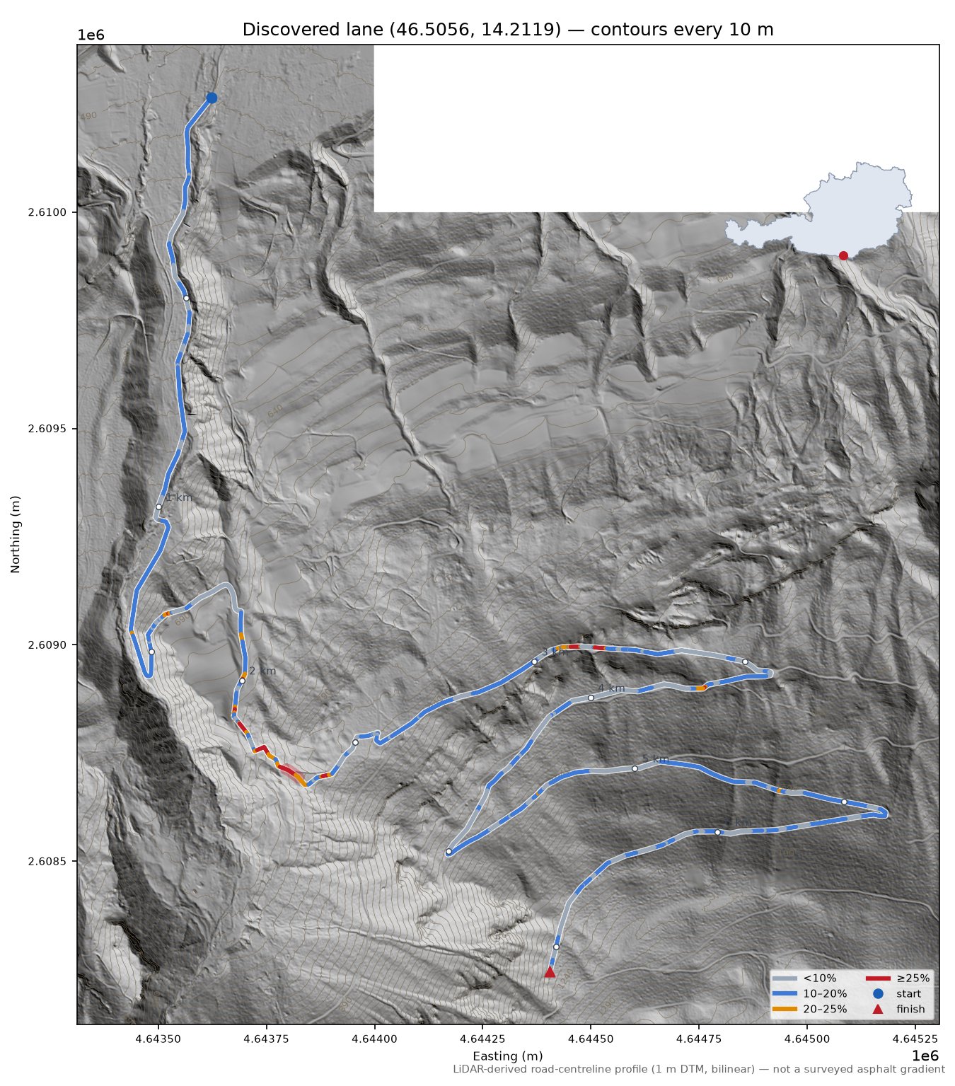 Discovered lane (46.5056, 14.2119) LiDAR hillshade map with contours