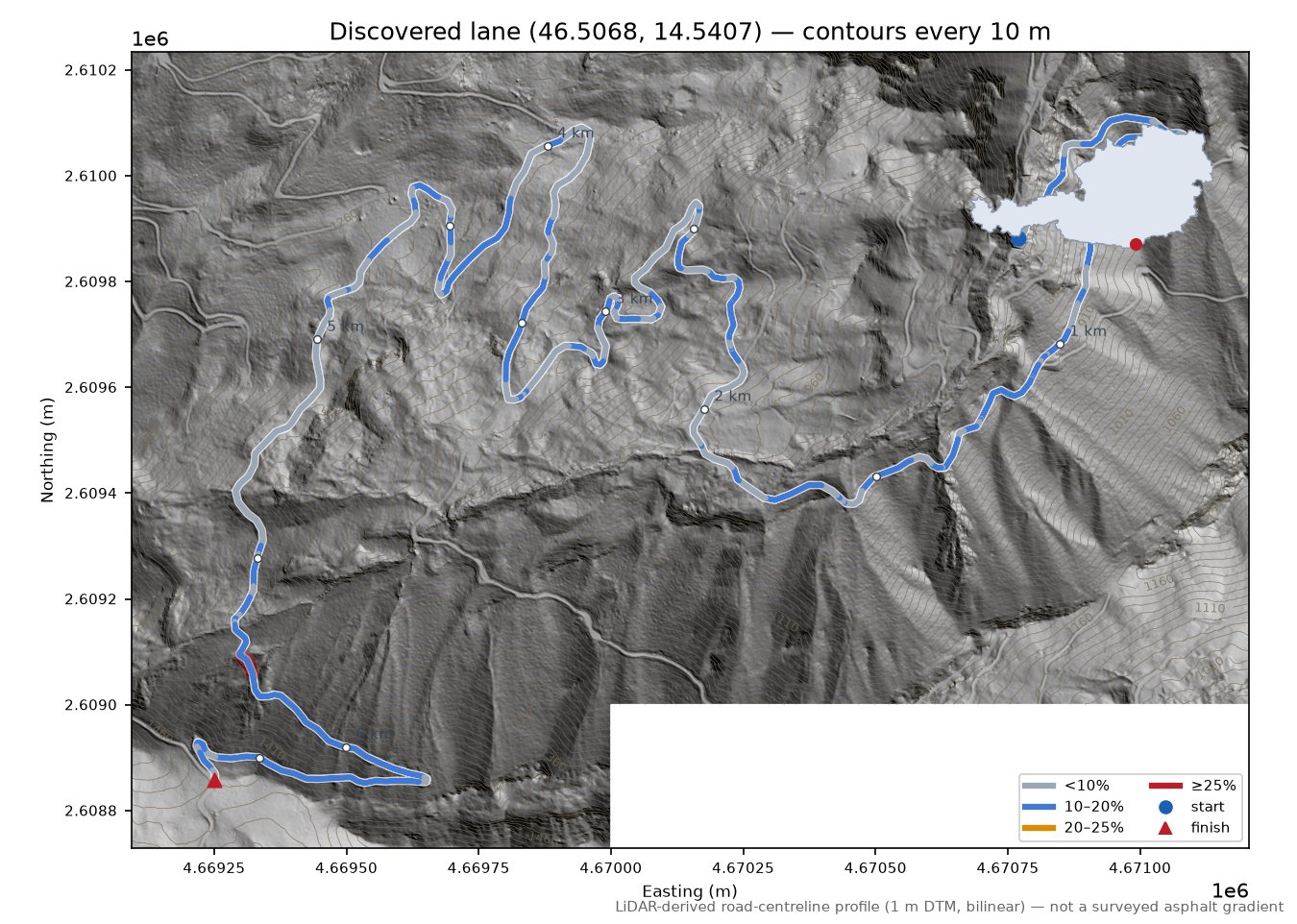 Discovered lane (46.5068, 14.5407) LiDAR hillshade map with contours