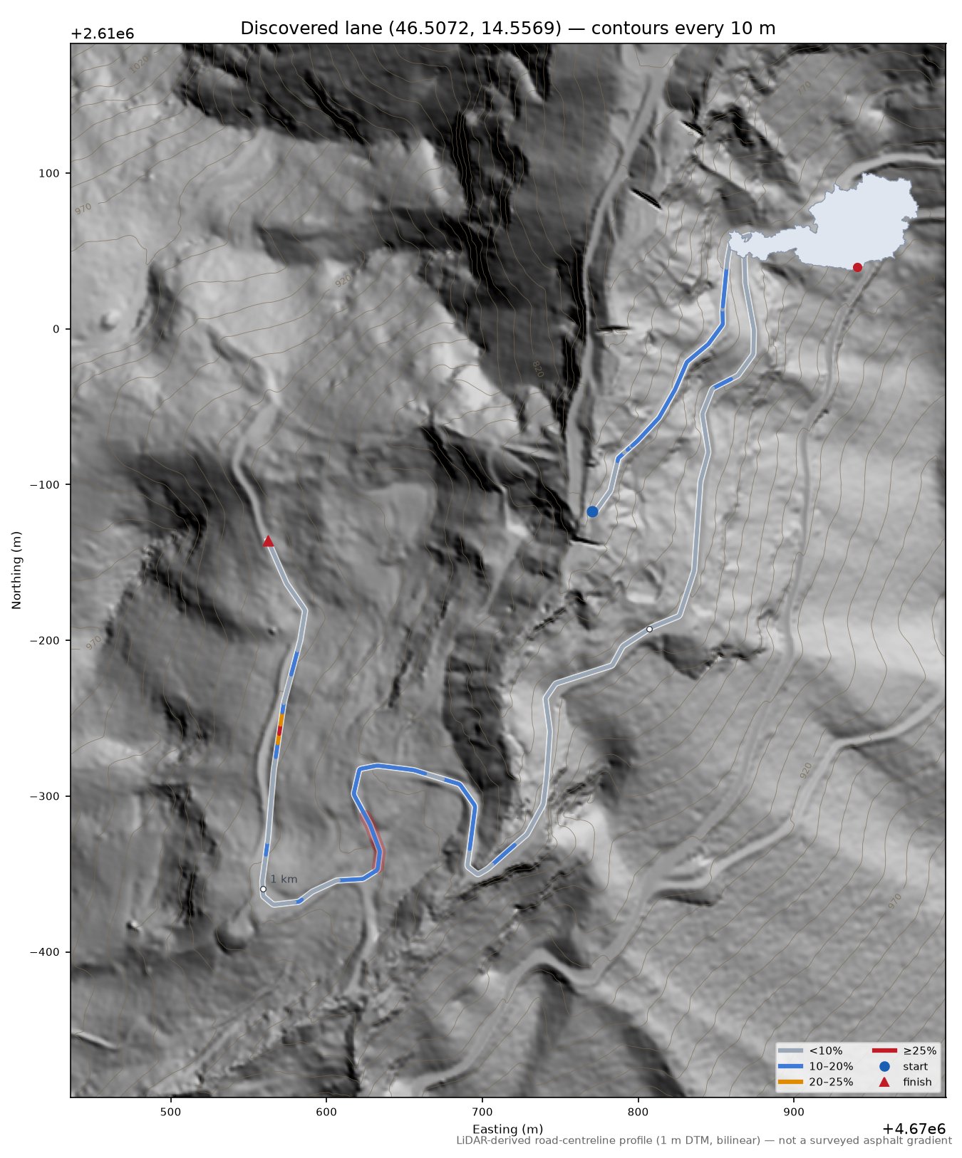 Discovered lane (46.5072, 14.5569) LiDAR hillshade map with contours