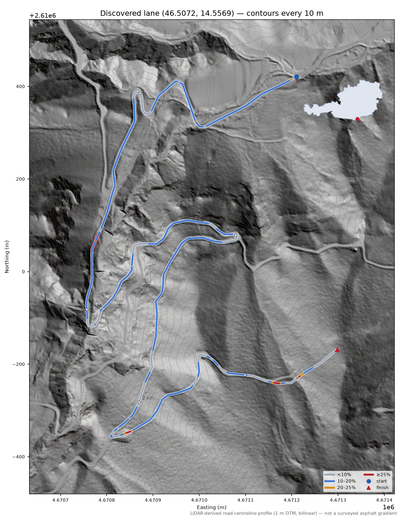 Discovered lane (46.5072, 14.5569) LiDAR hillshade map with contours