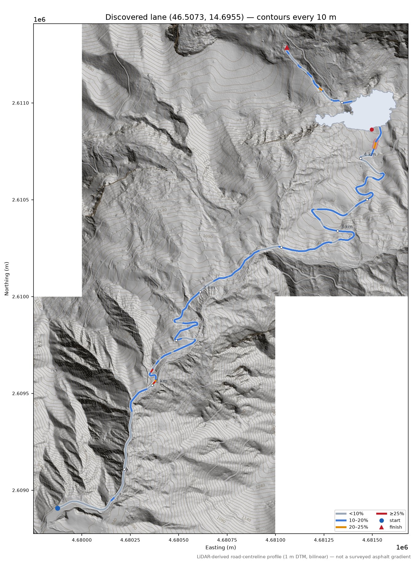Discovered lane (46.5073, 14.6955) LiDAR hillshade map with contours