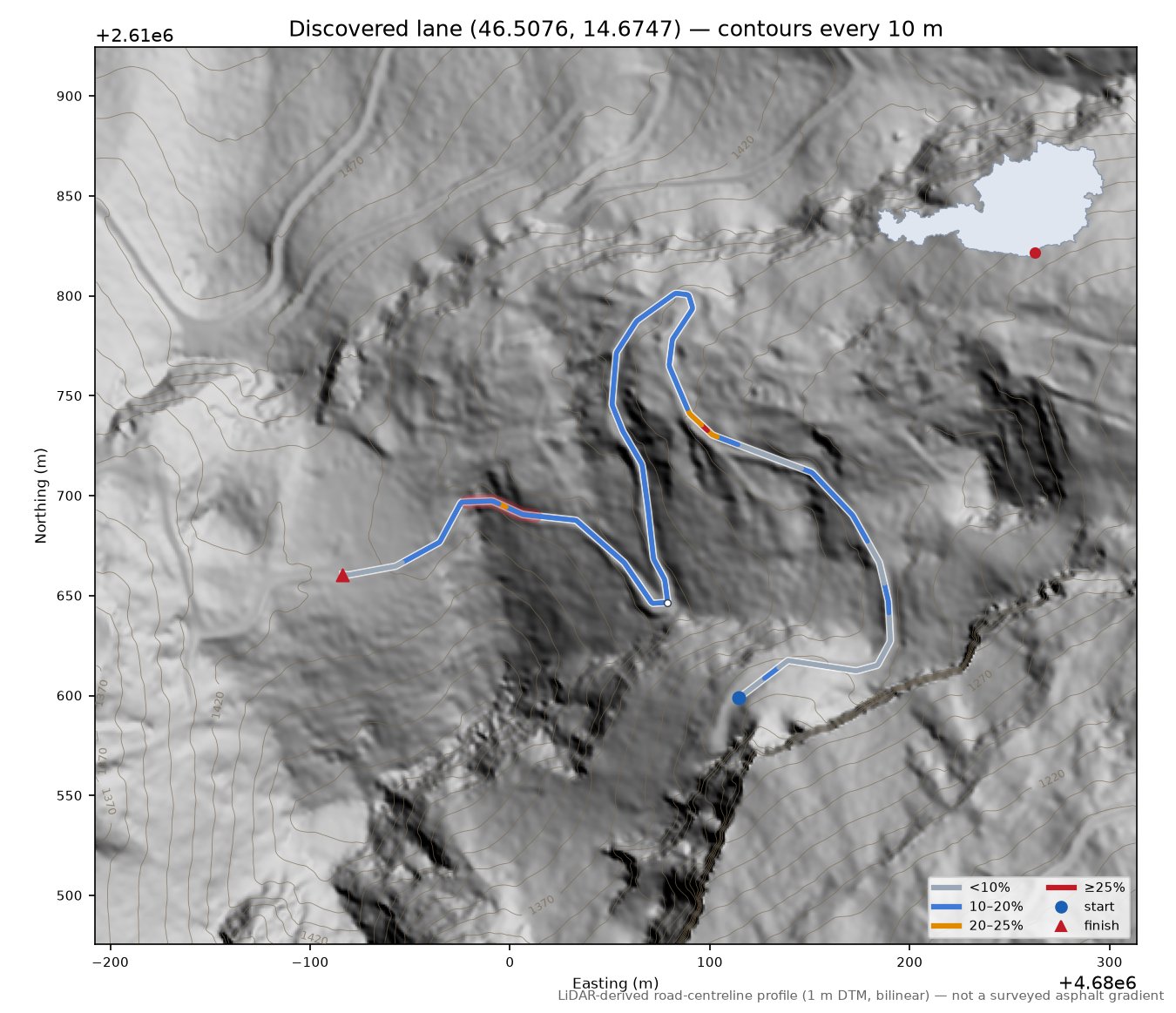 Discovered lane (46.5076, 14.6747) LiDAR hillshade map with contours