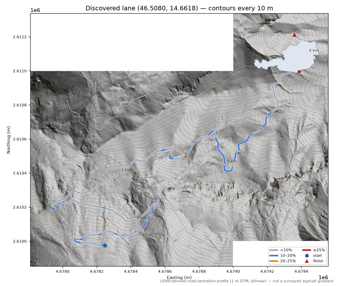 Discovered lane (46.5080, 14.6618) LiDAR hillshade map with contours