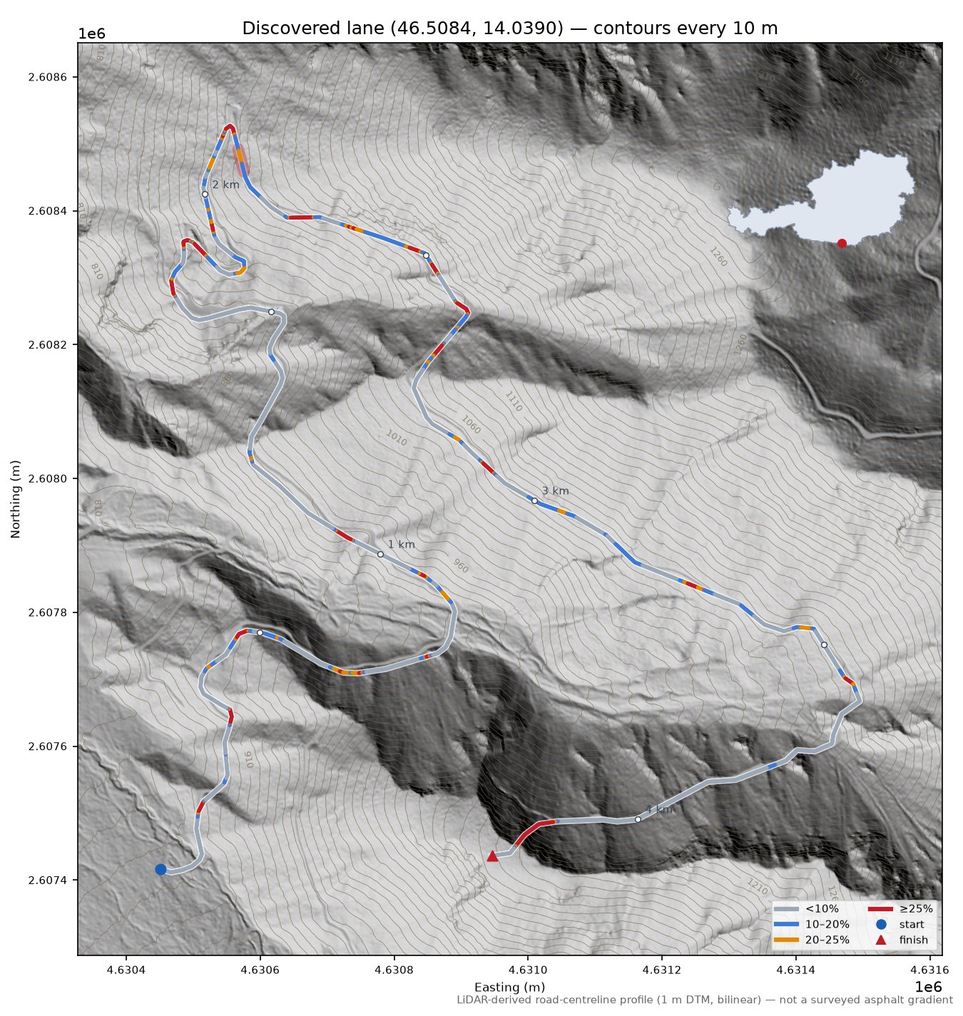 Discovered lane (46.5084, 14.0390) LiDAR hillshade map with contours