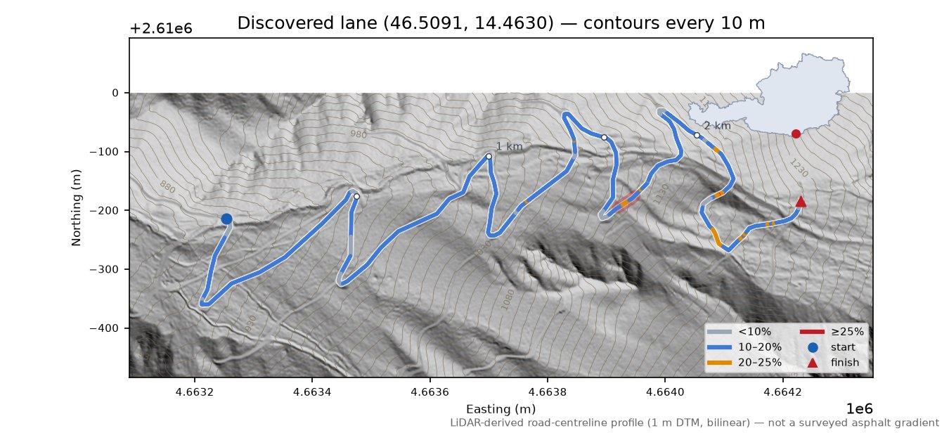 Discovered lane (46.5091, 14.4630) LiDAR hillshade map with contours
