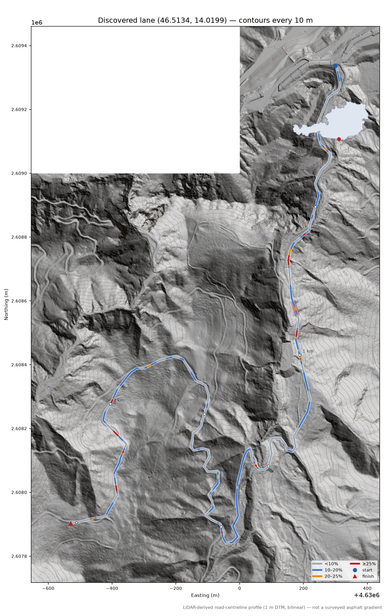 Discovered lane (46.5134, 14.0199) LiDAR hillshade map with contours