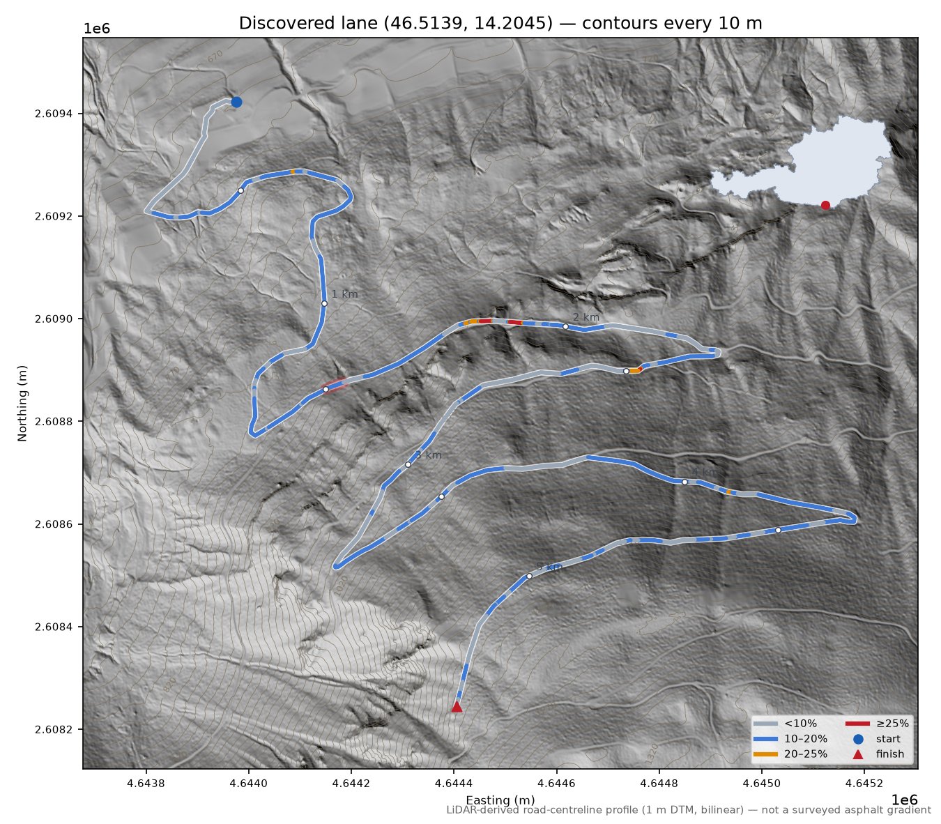 Discovered lane (46.5139, 14.2045) LiDAR hillshade map with contours