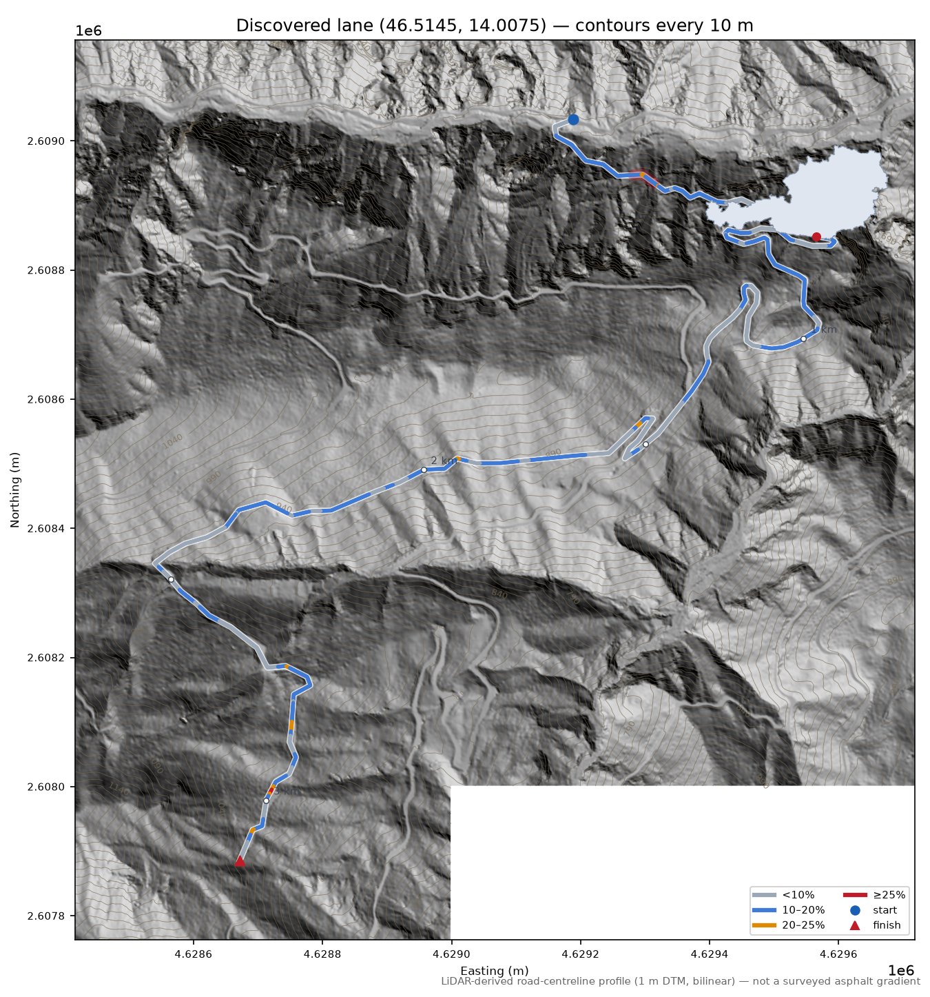 Discovered lane (46.5145, 14.0075) LiDAR hillshade map with contours