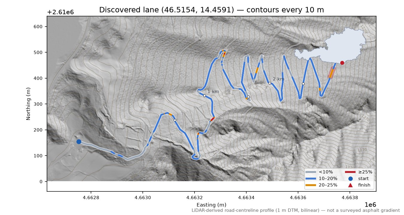 Discovered lane (46.5154, 14.4591) LiDAR hillshade map with contours