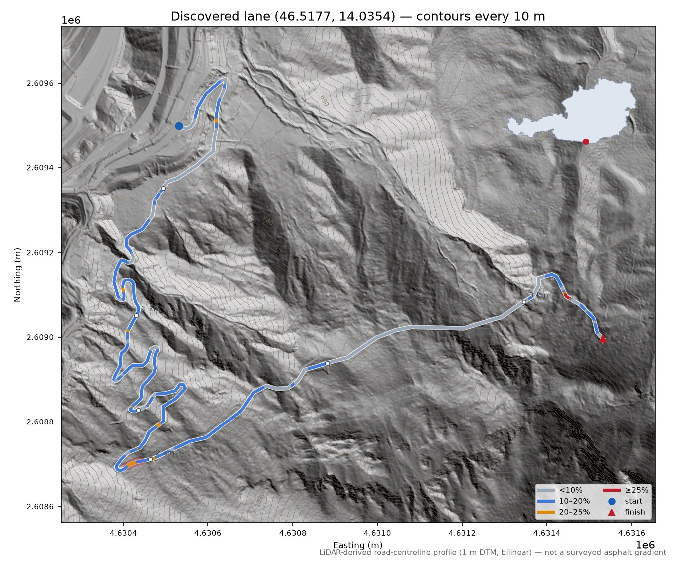 Discovered lane (46.5177, 14.0354) LiDAR hillshade map with contours