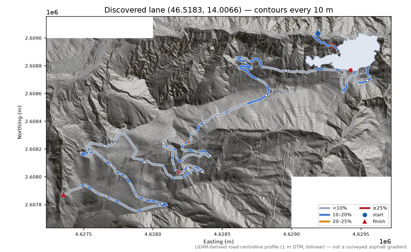 Discovered lane (46.5183, 14.0066) LiDAR hillshade map with contours