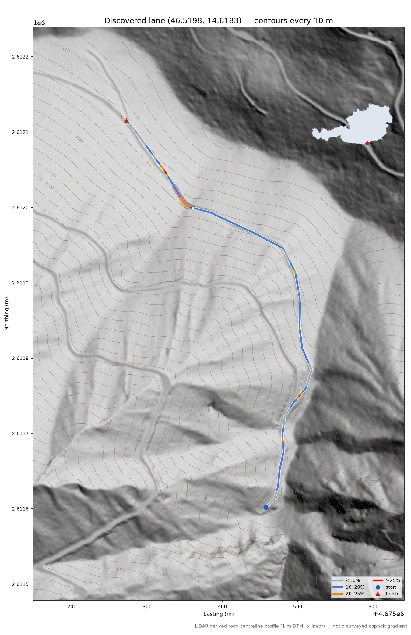 Discovered lane (46.5198, 14.6183) LiDAR hillshade map with contours