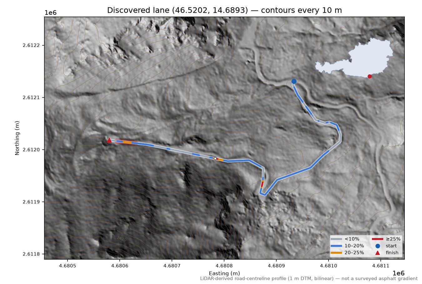 Discovered lane (46.5202, 14.6893) LiDAR hillshade map with contours