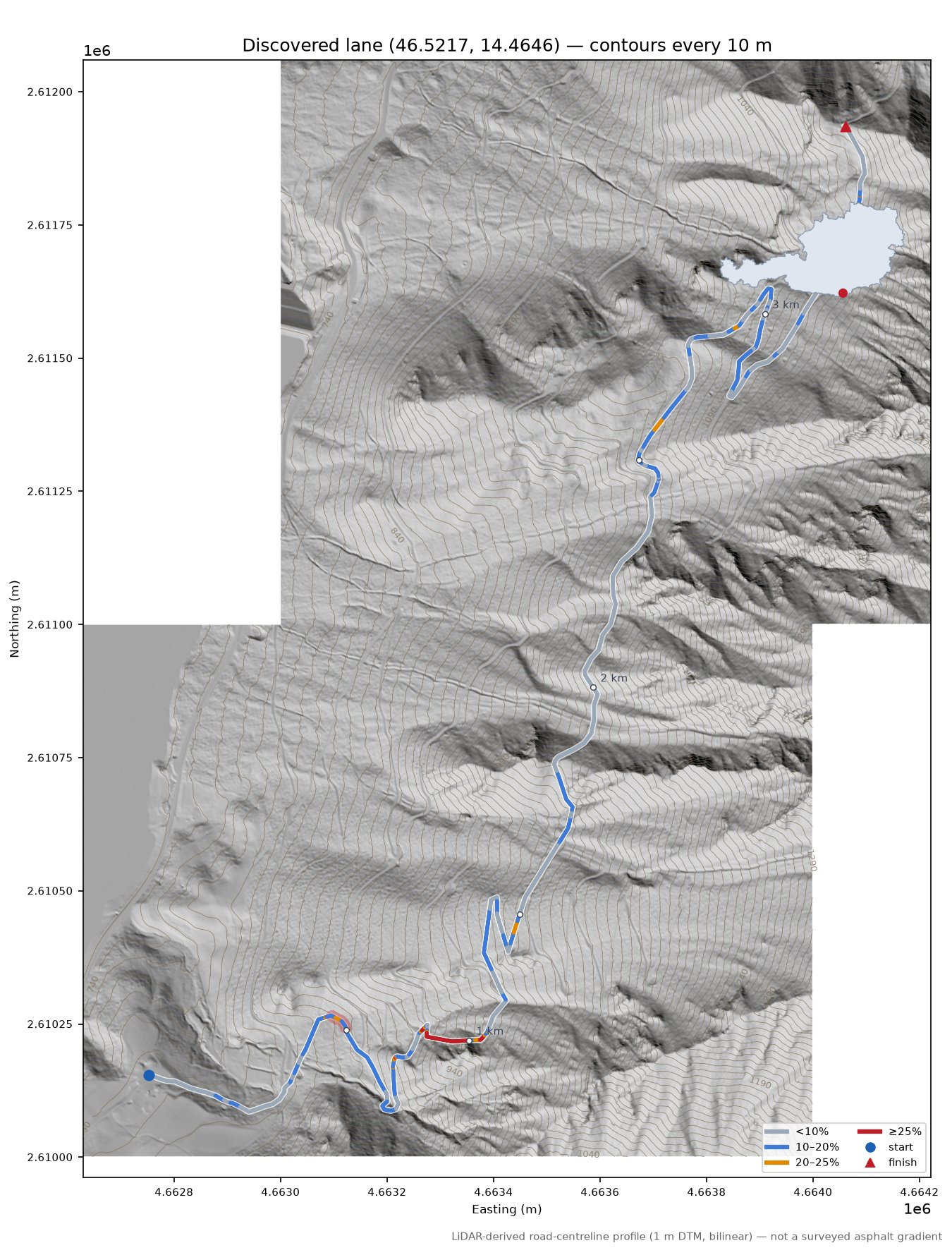 Discovered lane (46.5217, 14.4646) LiDAR hillshade map with contours