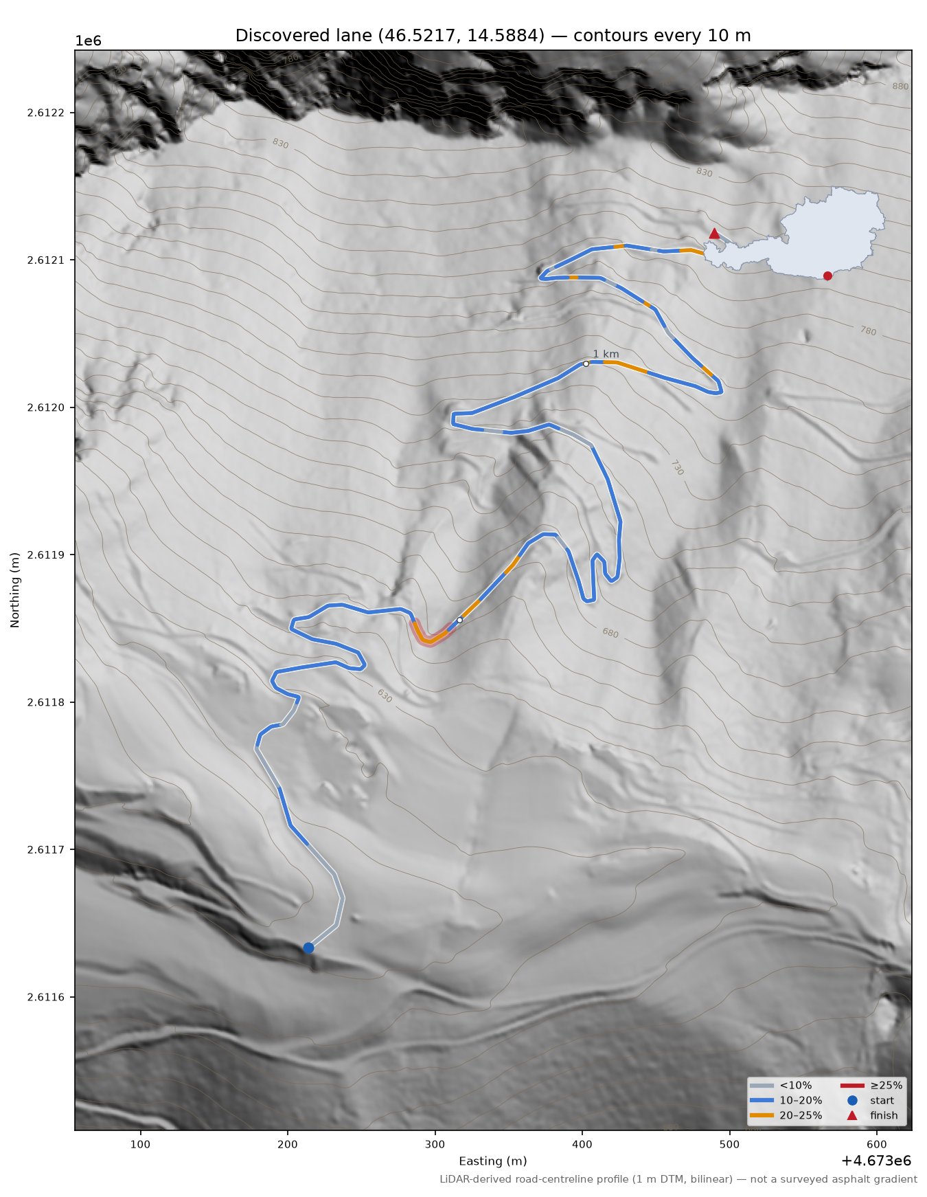 Discovered lane (46.5217, 14.5884) LiDAR hillshade map with contours