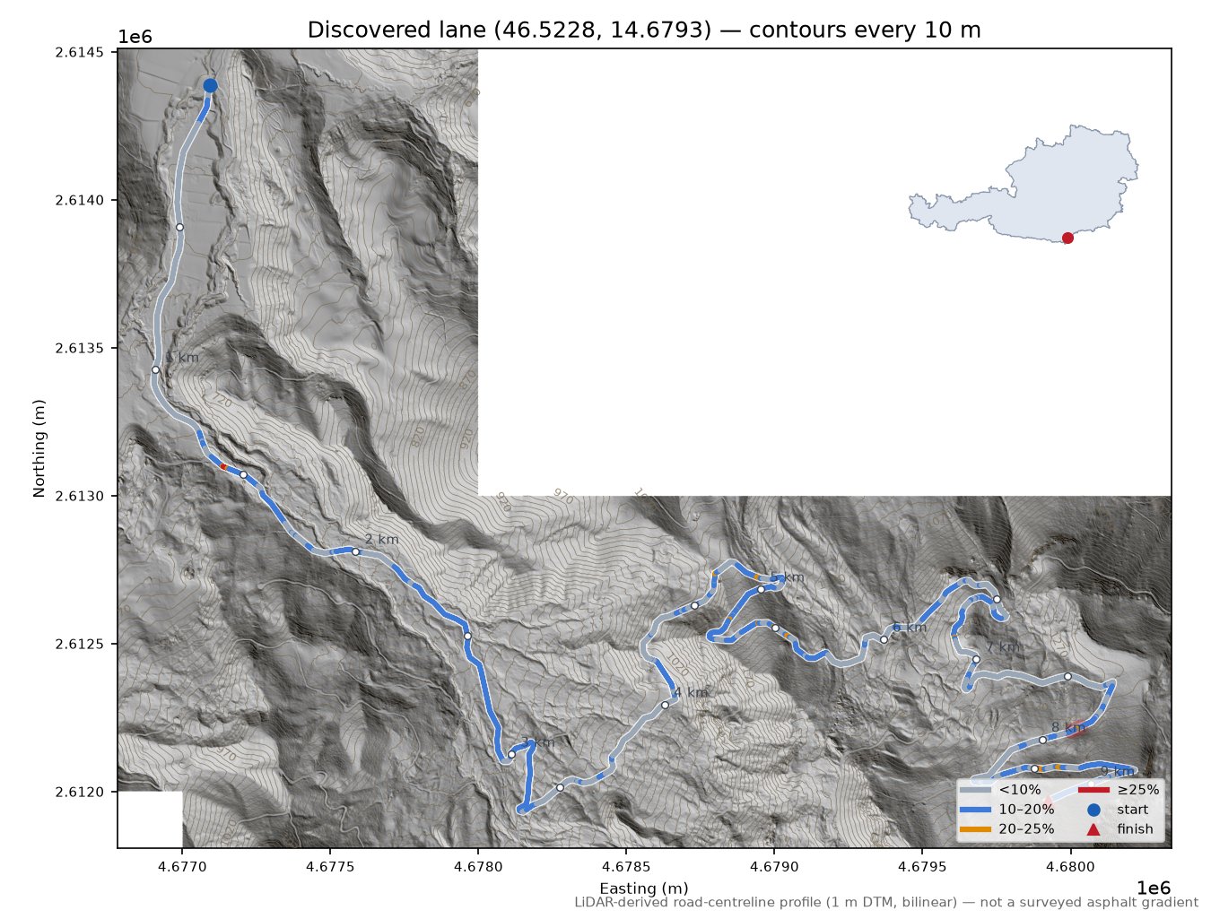 Discovered lane (46.5228, 14.6793) LiDAR hillshade map with contours