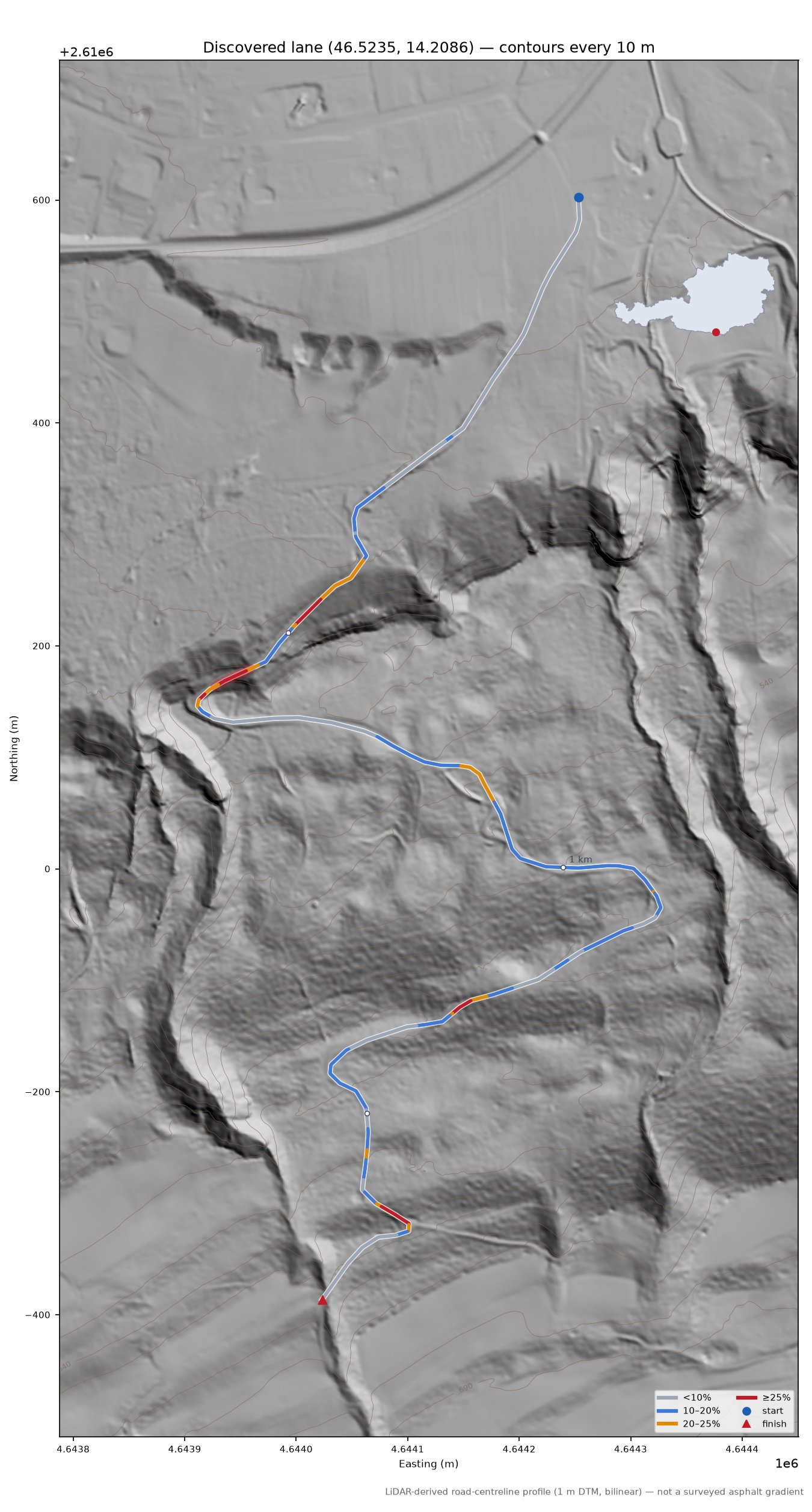 Discovered lane (46.5235, 14.2086) LiDAR hillshade map with contours