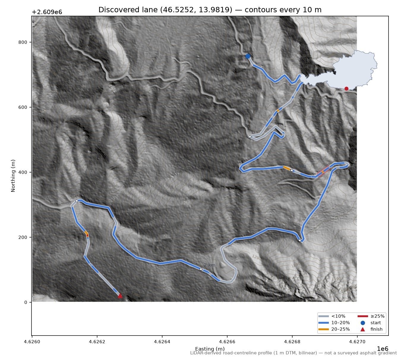 Discovered lane (46.5252, 13.9819) LiDAR hillshade map with contours