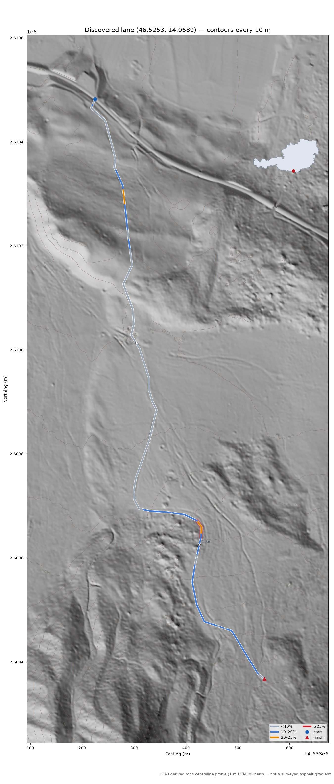 Discovered lane (46.5253, 14.0689) LiDAR hillshade map with contours