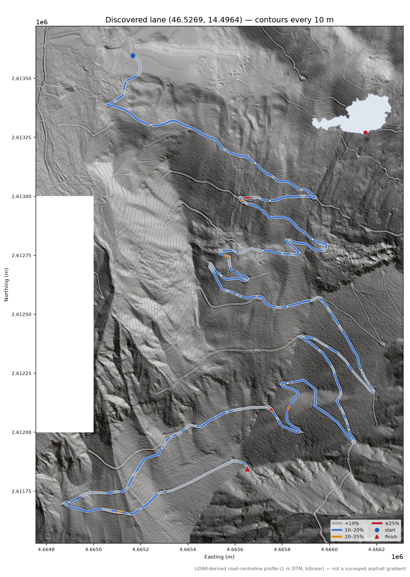 Discovered lane (46.5269, 14.4964) LiDAR hillshade map with contours